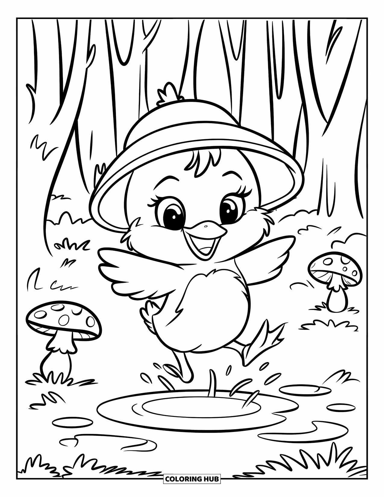 Spring Animal Coloring Page for Kids: Chick in a rain hat jumps in a puddle near mushrooms and trees
