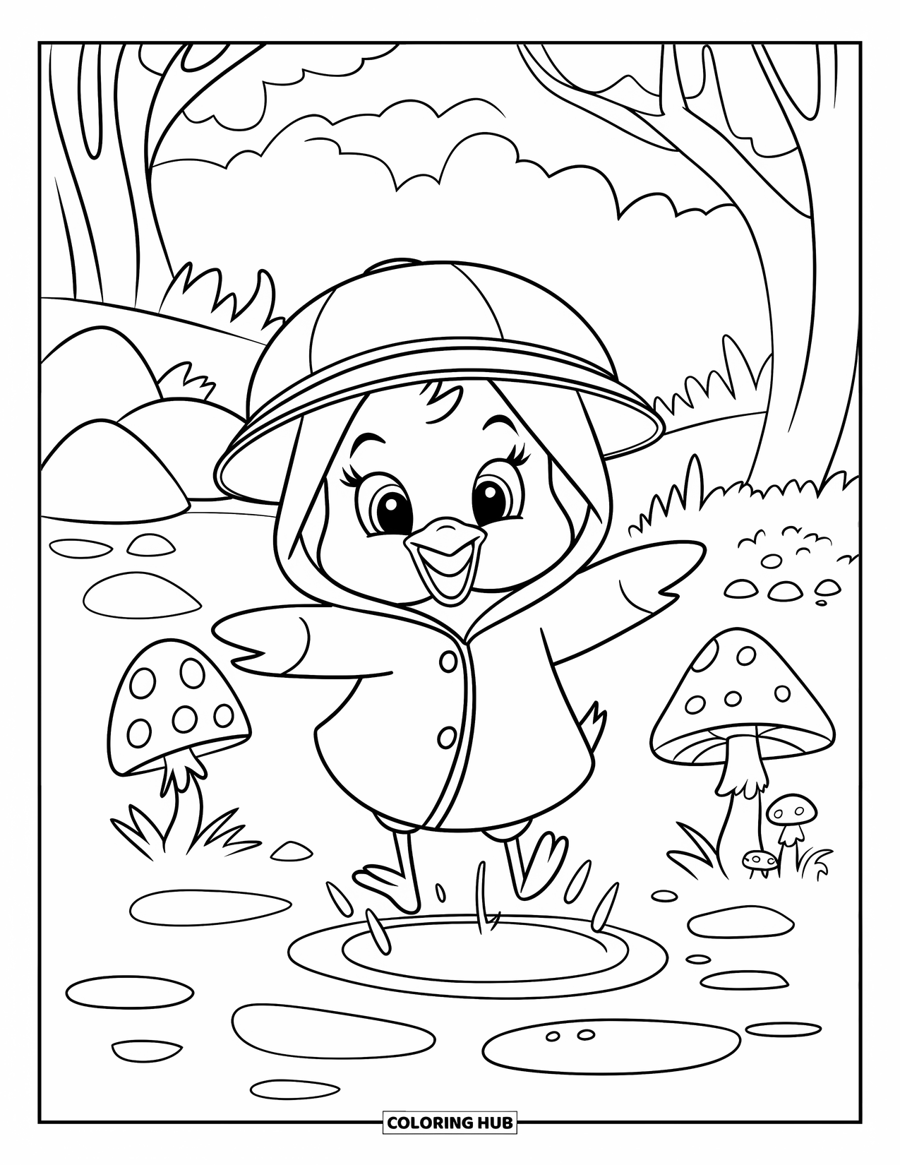 Spring Animal Coloring Page for Kids: Chick in a raincoat jumps in a puddle with mushrooms and tall trees