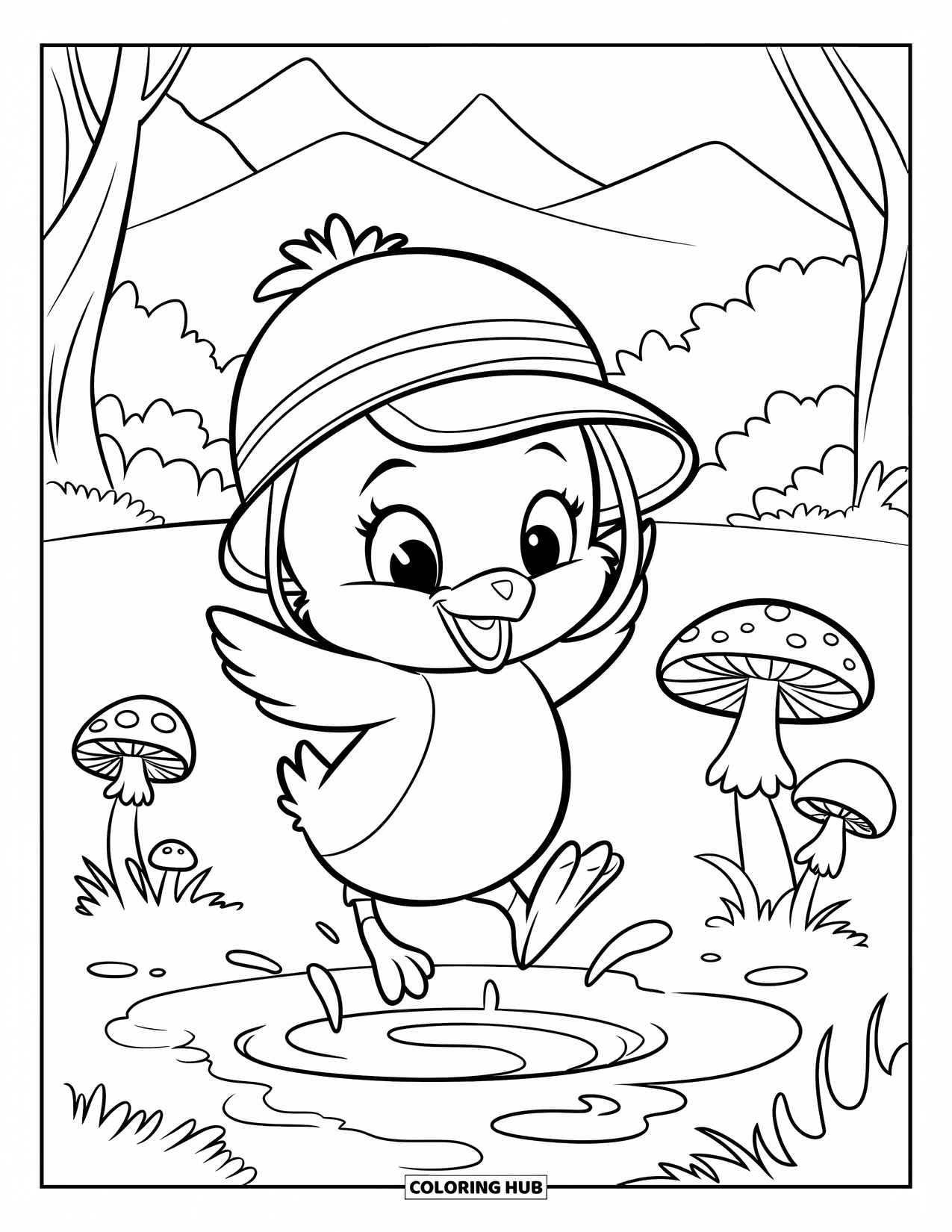 Spring Animal Coloring Page for Kids: Chick with a rain hat jumps into a puddle near mountains and forest