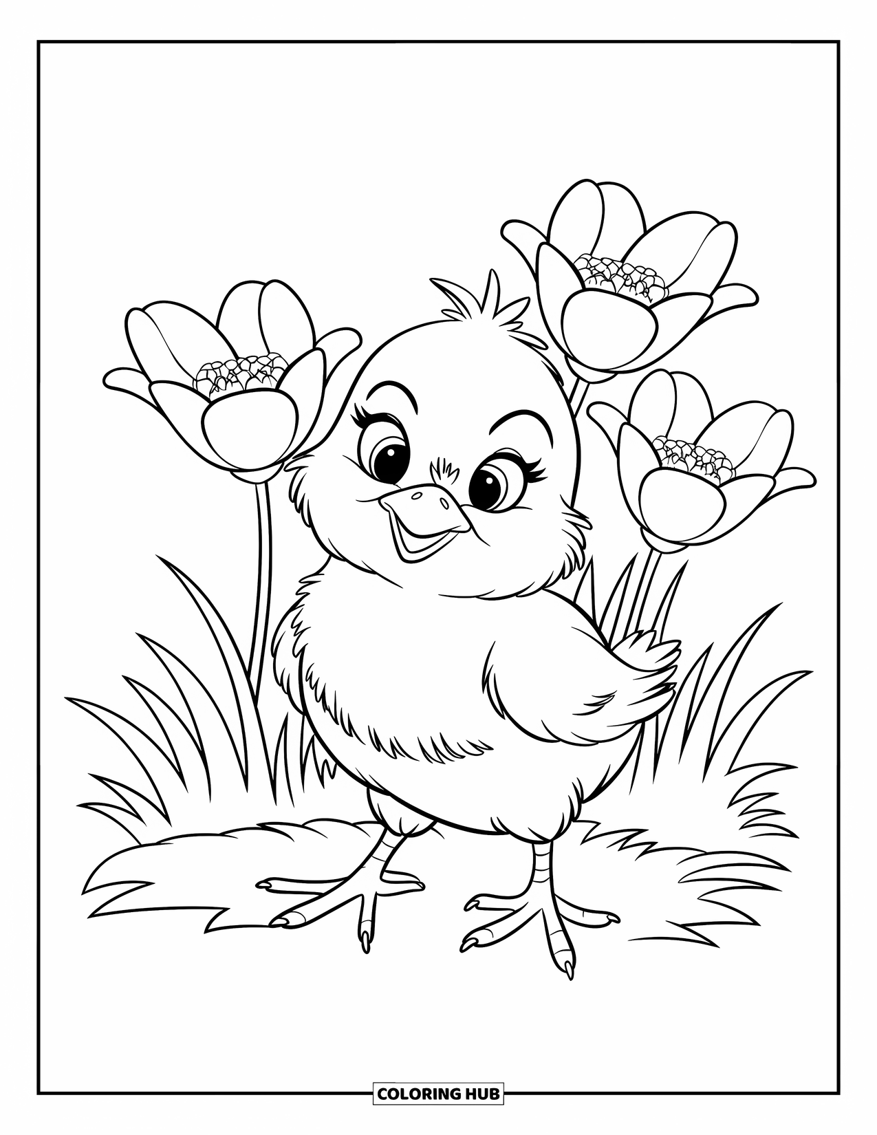 Spring Animal Coloring Page for Kids: Chick with orange feet stands on grass with three large spring flowers