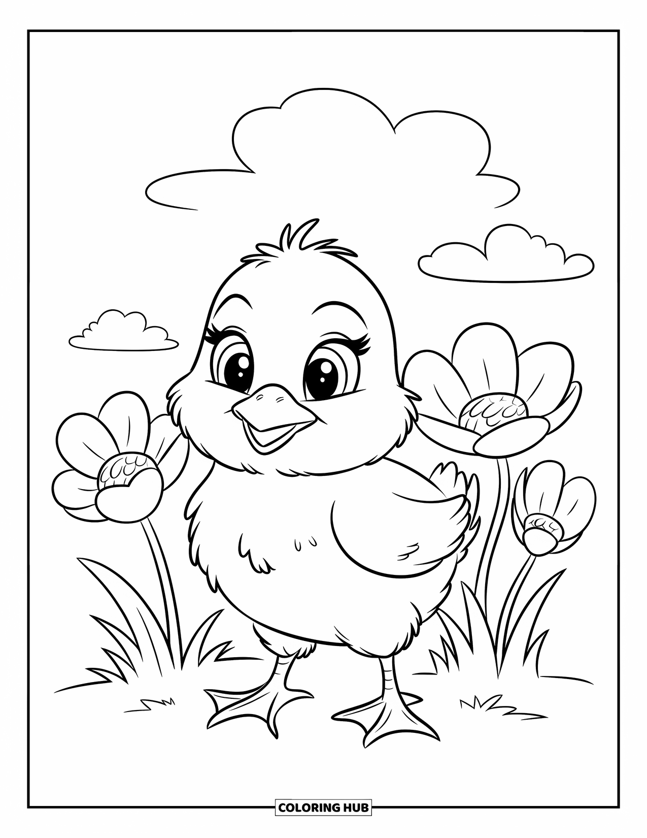 Spring Animal Coloring Page for Kids: Chick with white feathers stands near big flowers under a fluffy cloud sky
