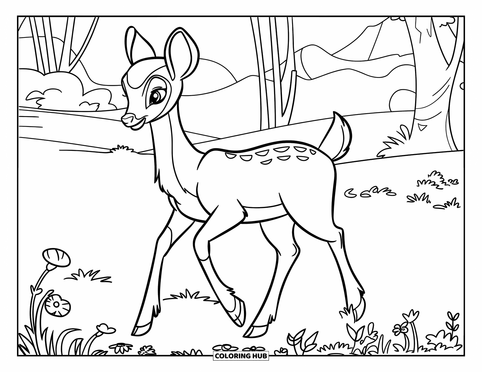 Spring Animal Coloring Page for Kids: Deer steps into a quiet clearing with wildflowers and mountain trees