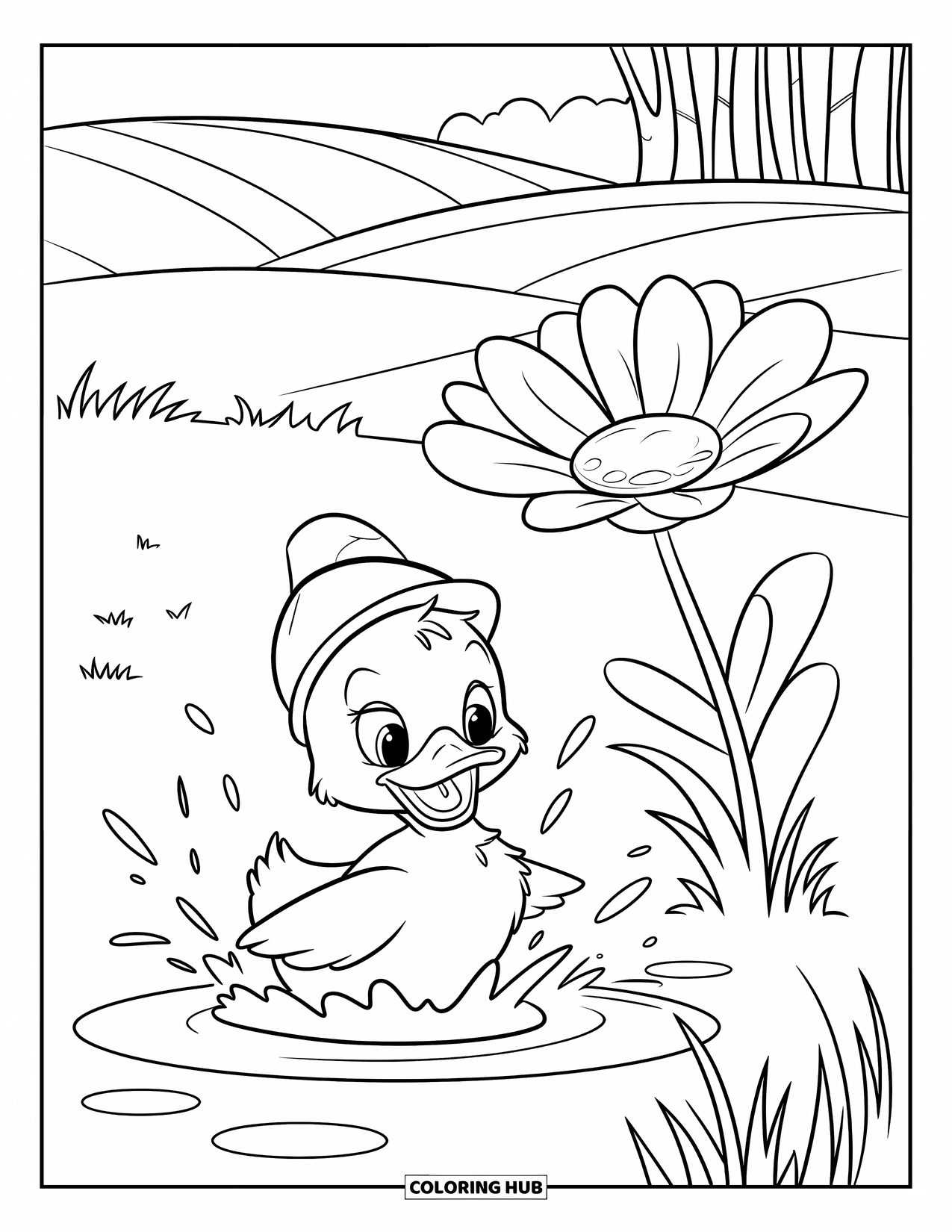 Spring Animal Coloring Page for Kids: Duckling in a small hat splashes in a puddle near trees and rolling hills
