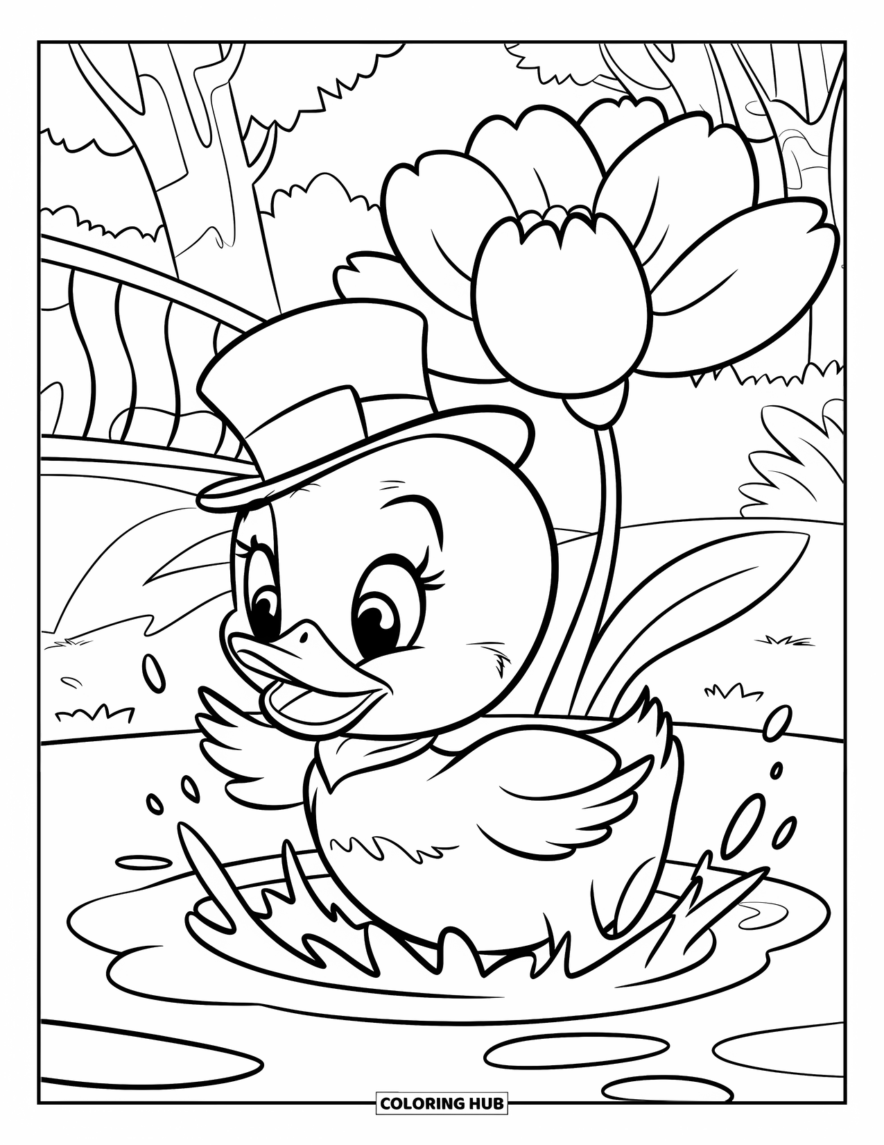 Spring Animal Coloring Page for Kids: Duckling in a top hat splashes in a puddle near a big flower