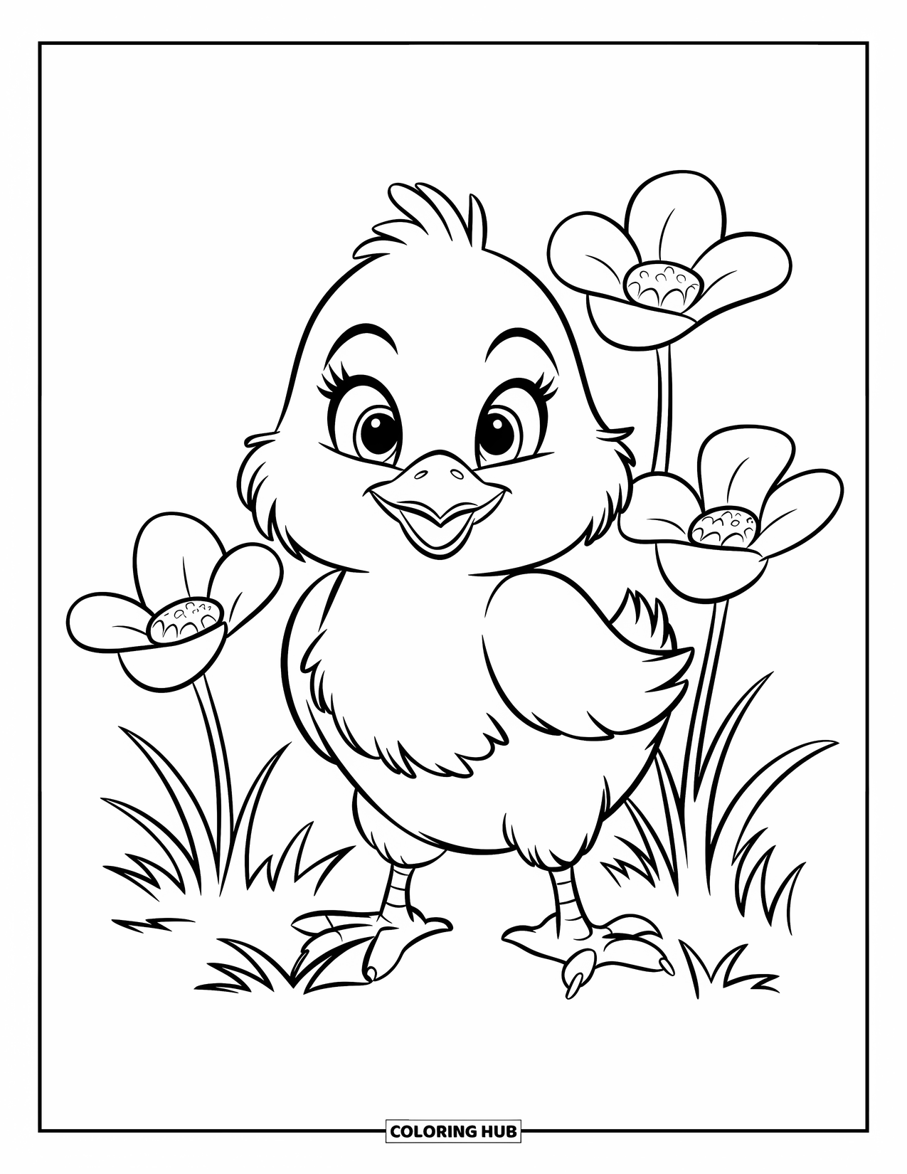 Spring Animal Coloring Page for Kids: Fluffy chick stands on spring grass beside three big flowers