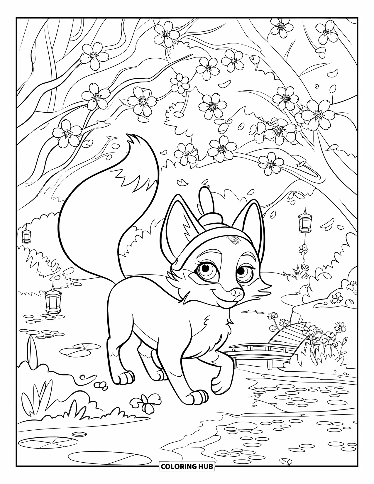 Spring Animal Coloring Page for Kids: Fox in a cute hat explores a magical cherry blossom forest with lanterns and a pond