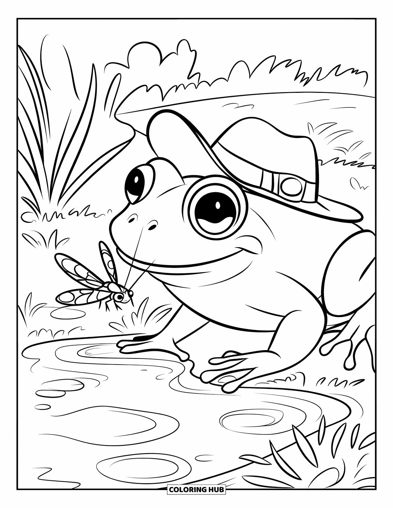 Spring Animal Coloring Page for Kids: Frog in a green hat catches a bug near lush plants and a calm stream