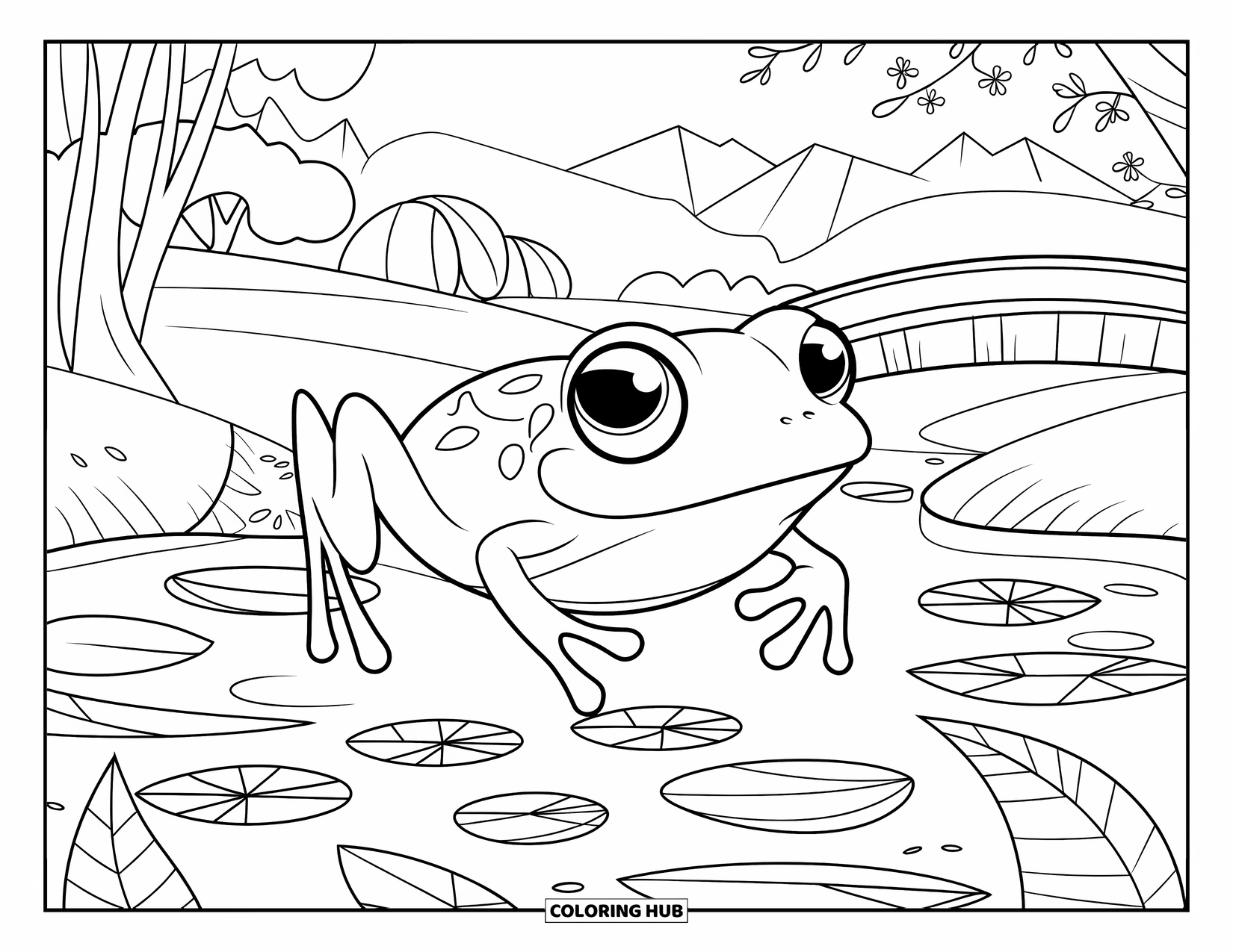 Spring Animal Coloring Page for Kids: Frog in a green hat leaps by a stream with blossoms, trees, and a bridge