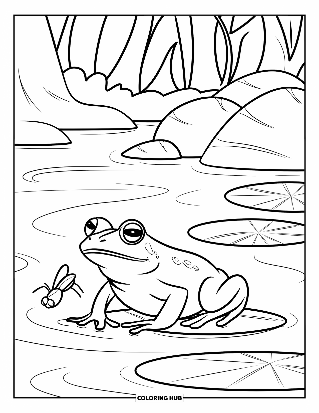 Spring Animal Coloring Page for Kids: Frog on a lily pad catches a bug near a peaceful spring stream