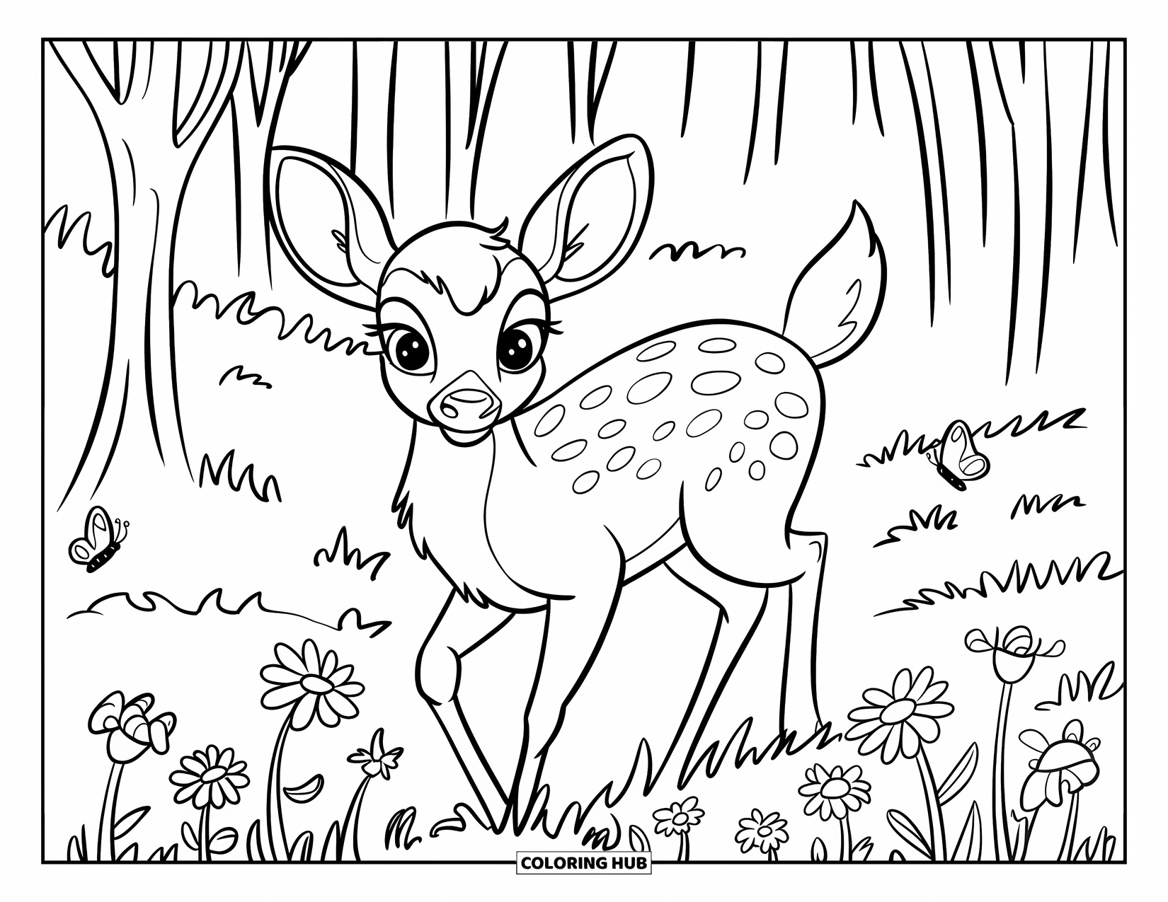 Spring Animal Coloring Page for Kids: Gentle deer with big eyes steps into a meadow filled with flowers and butterflies