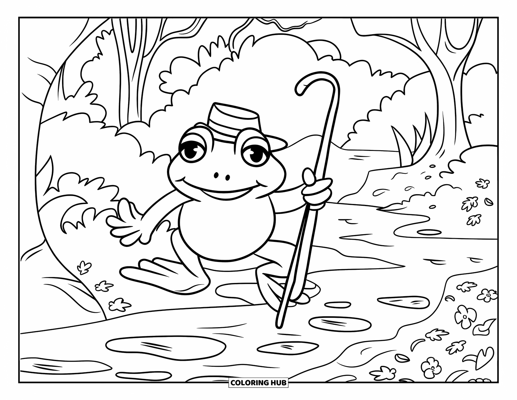 Spring Animal Coloring Page for Kids: Happy frog in a green hat jumps near a stream in a lush forest