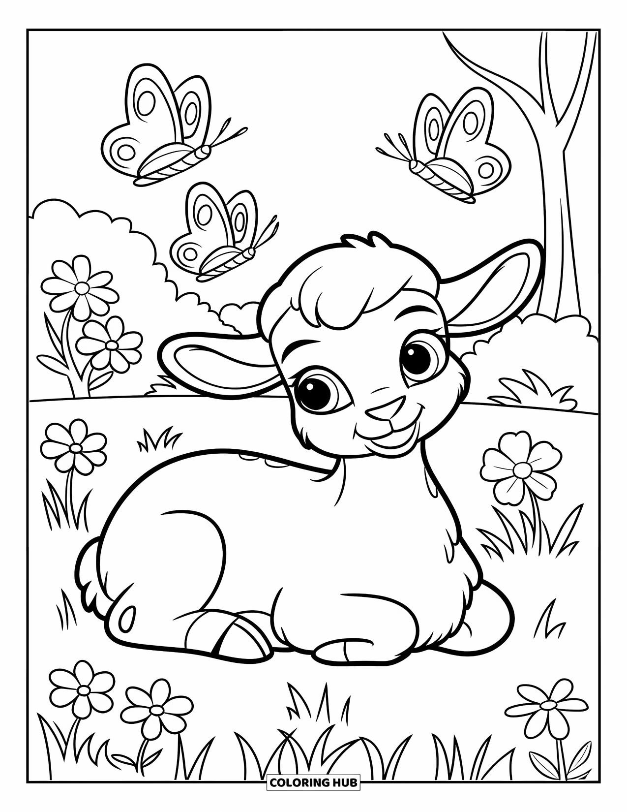 Spring Animal Coloring Page for Kids: Lamb rests peacefully in a meadow filled with butterflies and flowers