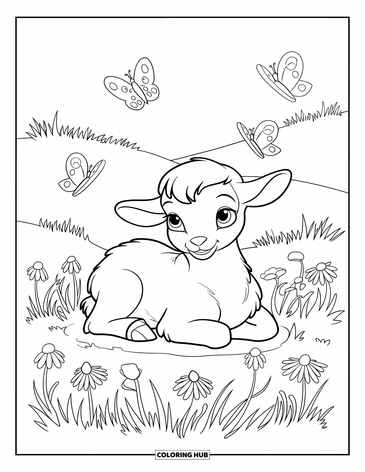 Spring Animal Coloring Page for Kids: Lamb with a fluffy coat lies in a meadow under fluttering butterflies