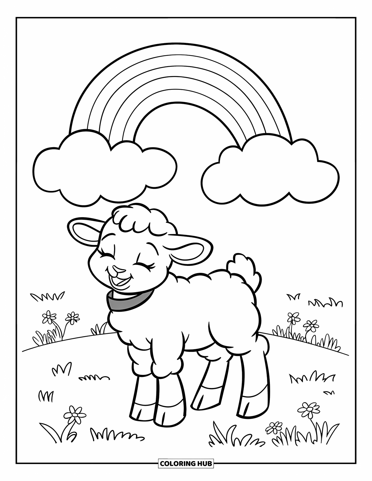 Spring Animal Coloring Page for Kids: Lamb with a green collar smiles under a rainbow and fluffy cloud