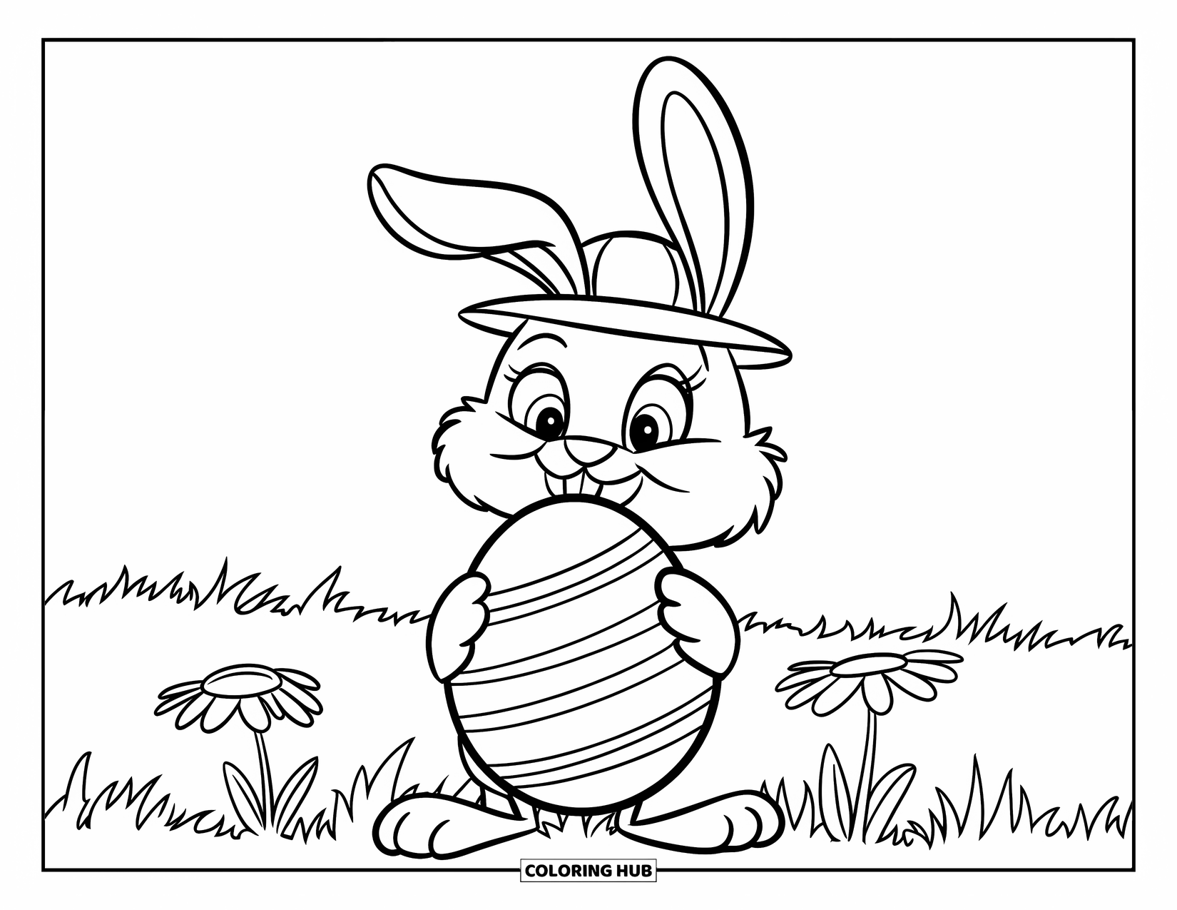Spring Animal Coloring Page for Kids: Smiling bunny holds a big spring egg in a field of daisies