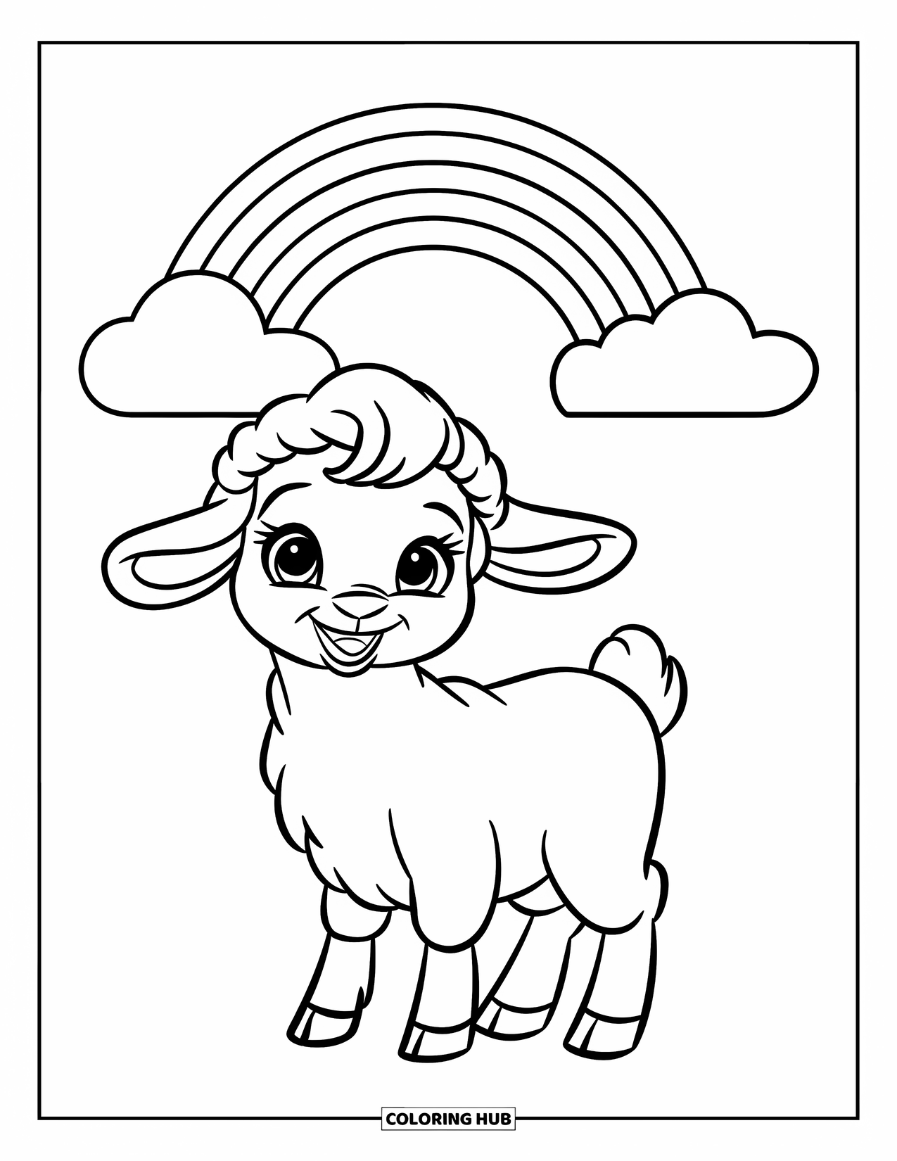 Spring Animal Coloring Page for Kids: Smiling lamb rests under a rainbow and cloud in a playful spring scene