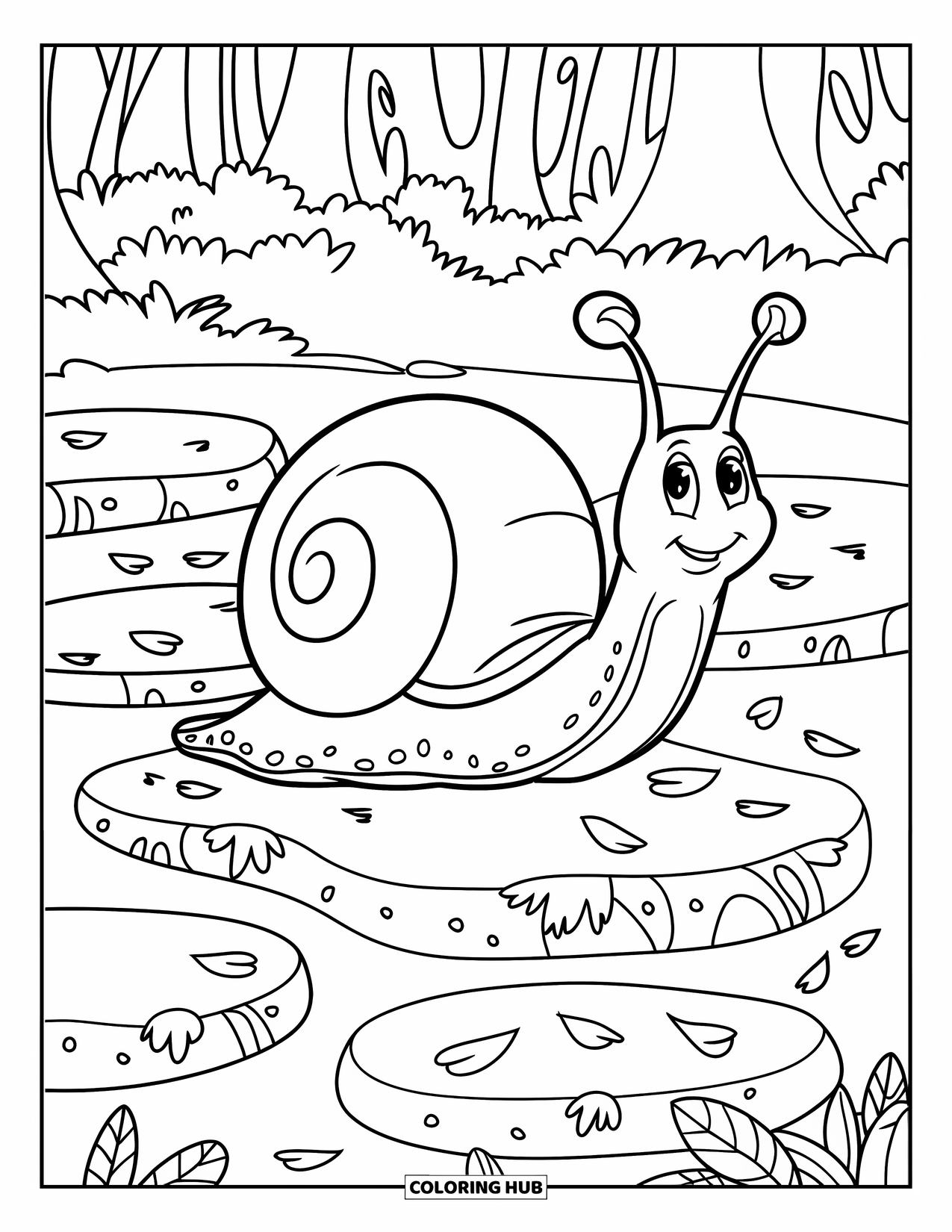 Spring Animal Coloring Page for Kids: Smiling snail in a tiny hat crawls on mossy stones among forest petals