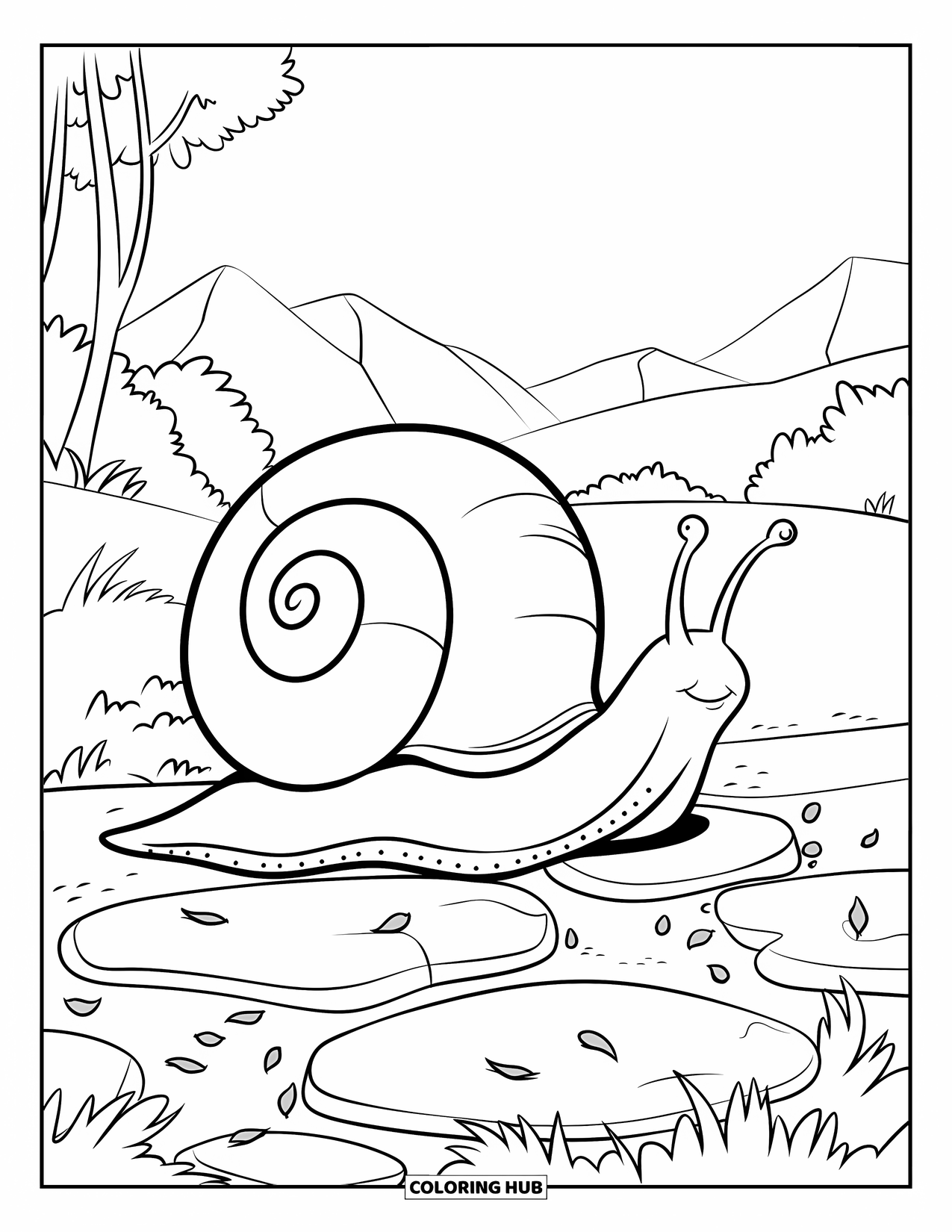 Spring Animal Coloring Page for Kids: Snail with a spiral shell crawls along stones under a peaceful spring sky