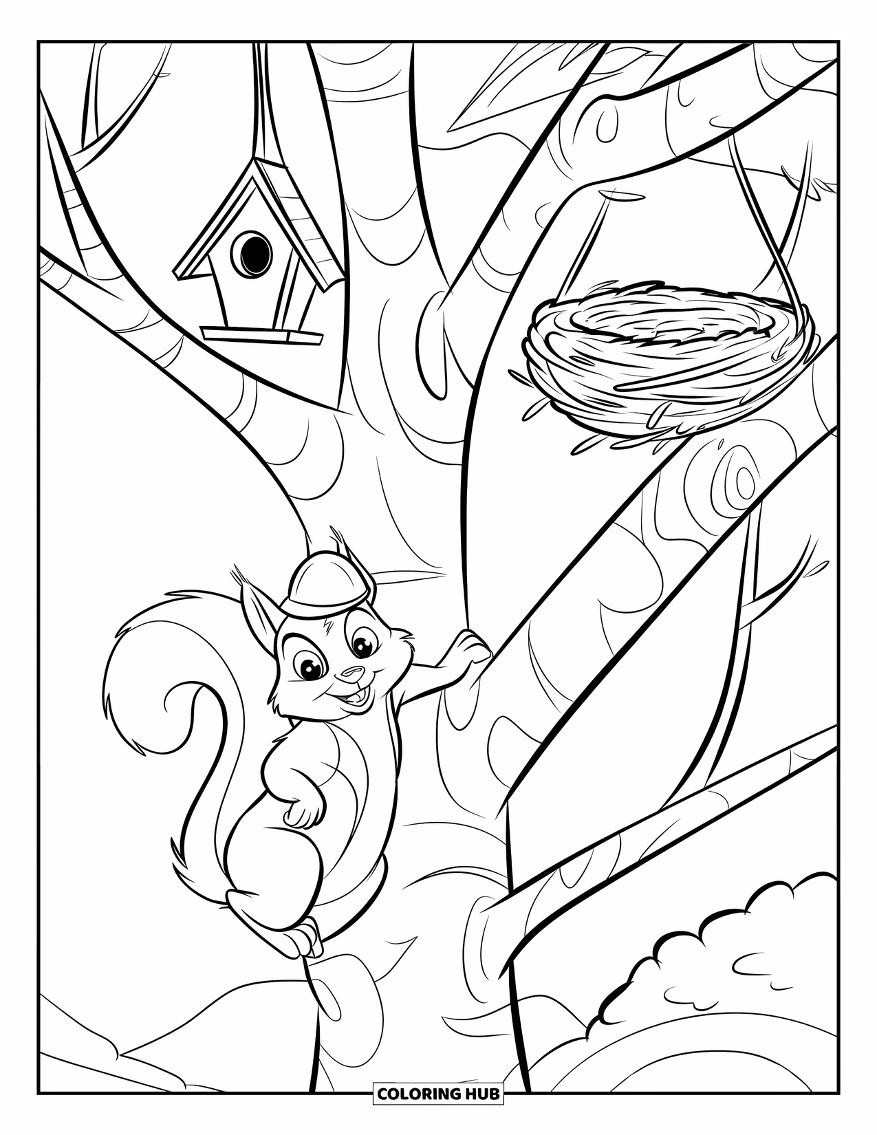 Spring Animal Coloring Page for Kids: Squirrel in a hat climbs a tree with birdhouse, nest, and sunny sky