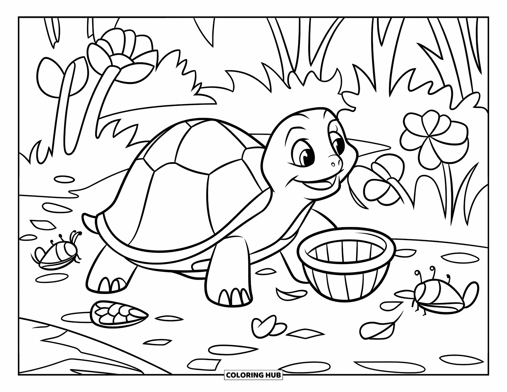 Spring Animal Coloring Page for Kids: Turtle carries a basket while walking along a path with petals and bugs