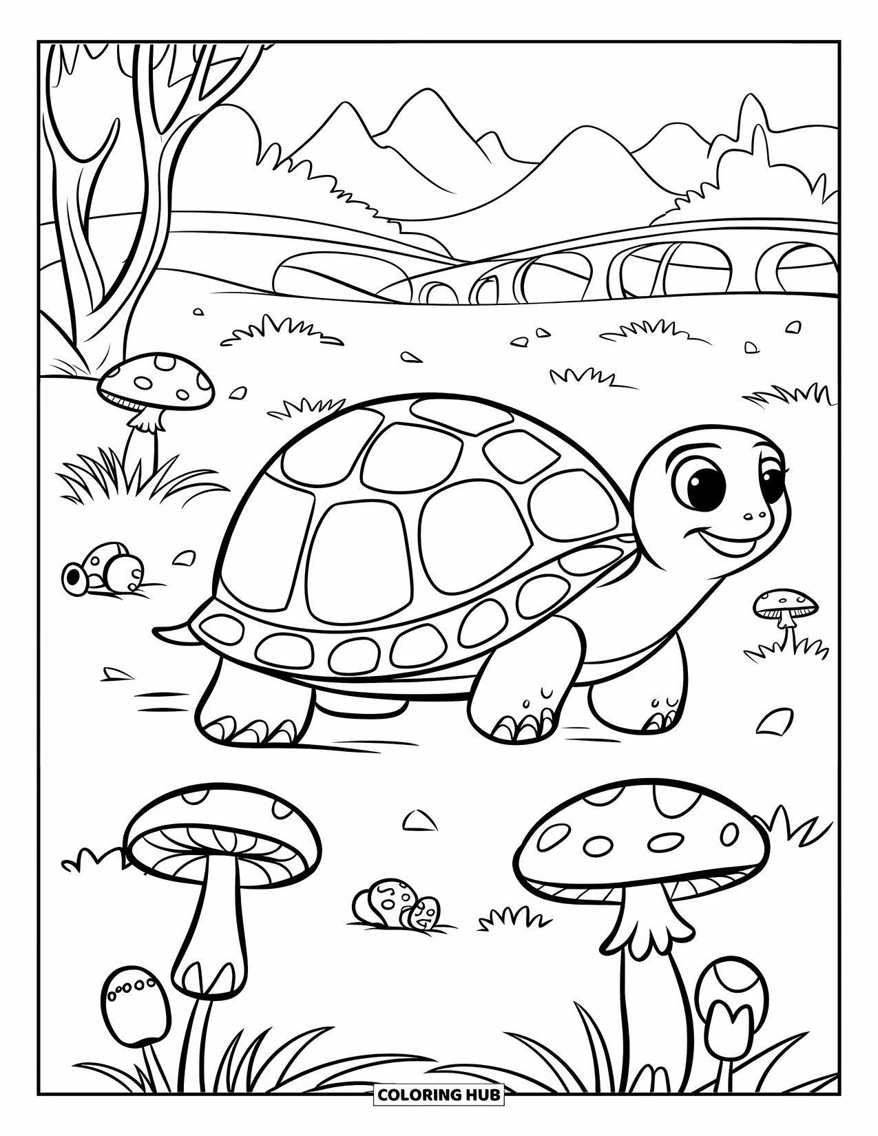 Spring Animal Coloring Page for Kids: Turtle strolls through a garden of mushrooms, bugs, and blooming leaves