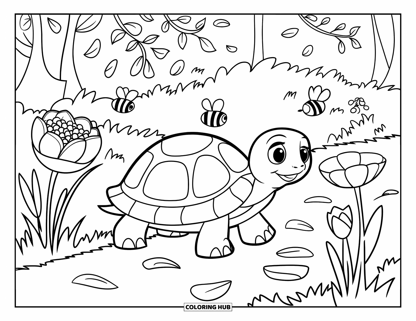 Spring Animal Coloring Page for Kids: Turtle walks a garden path filled with petals, bees, and spring trees