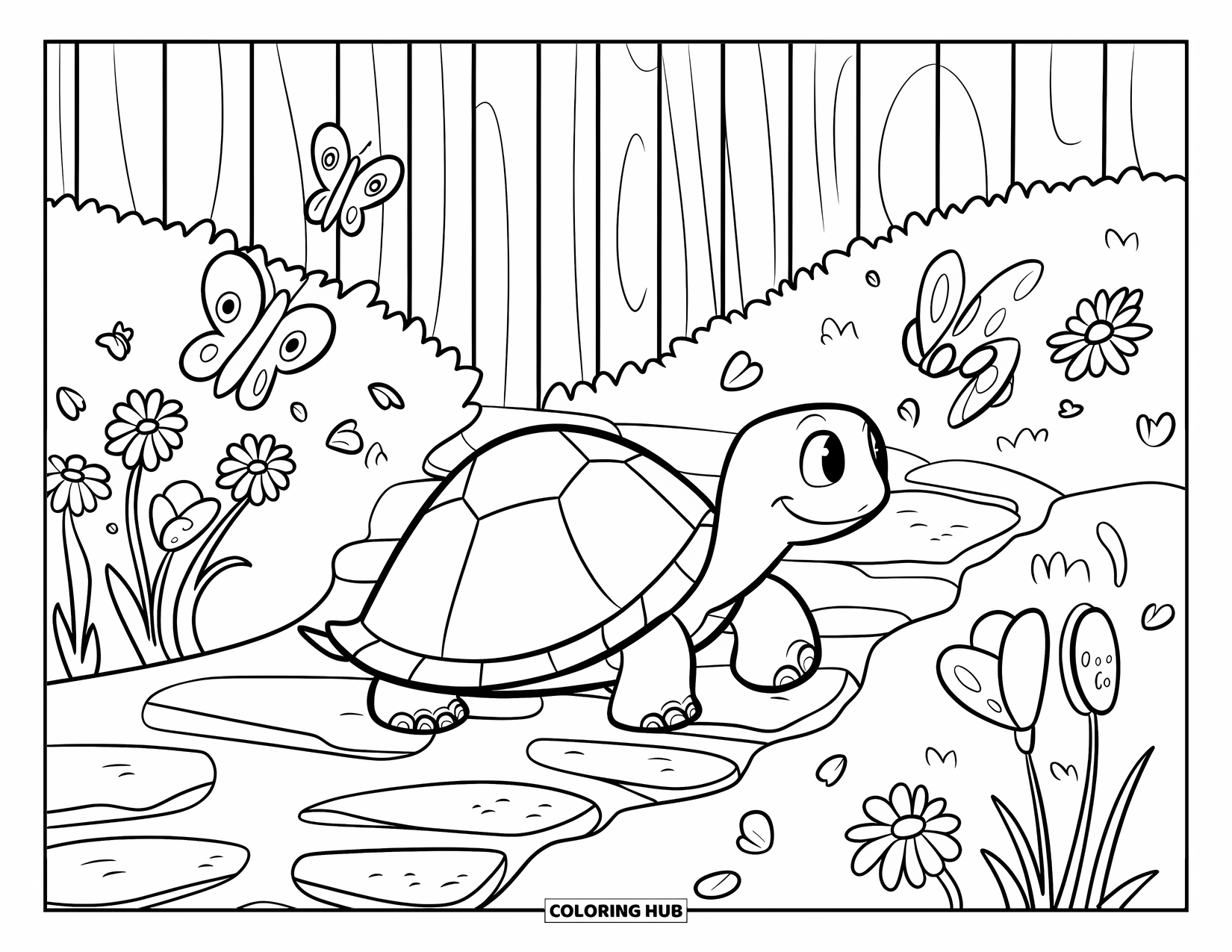 Spring Animal Coloring Page for Kids: Turtle walks a stone path lined with flowers, bees, and a wooden fence