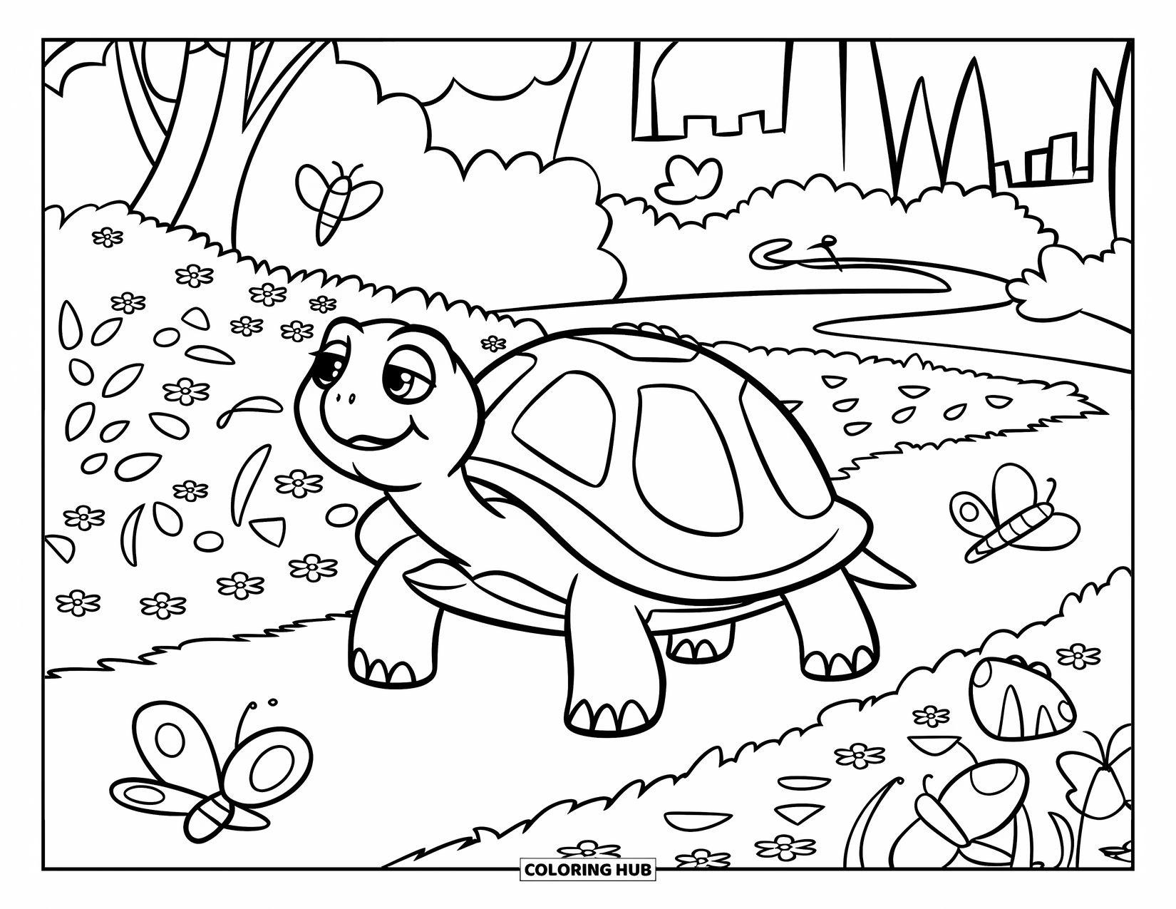 Spring Animal Coloring Page for Kids: Turtle walks near flowers and butterflies along a path leading to a distant castle