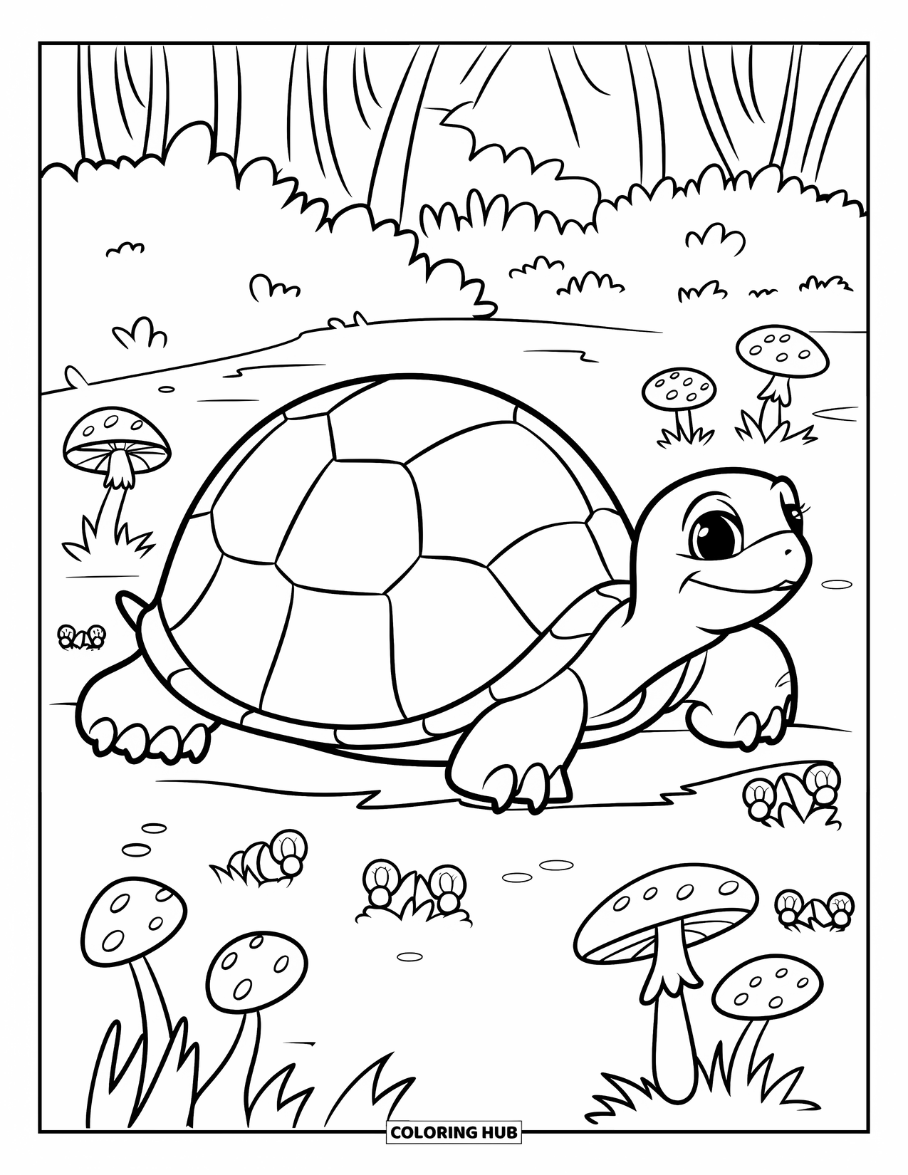 Spring Animal Coloring Page for Kids: Turtle walks through a forest garden with mushrooms and buzzing insects