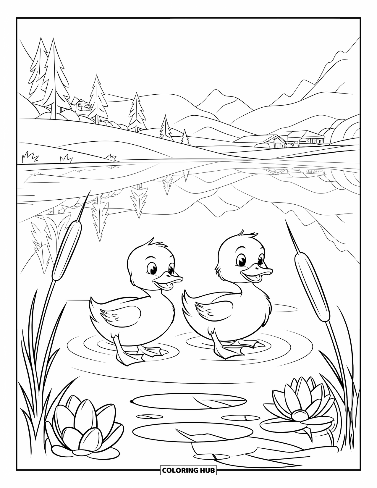 Spring Animal Coloring Page for Kids: Two ducklings waddle through a pond filled with cattails and lily pads