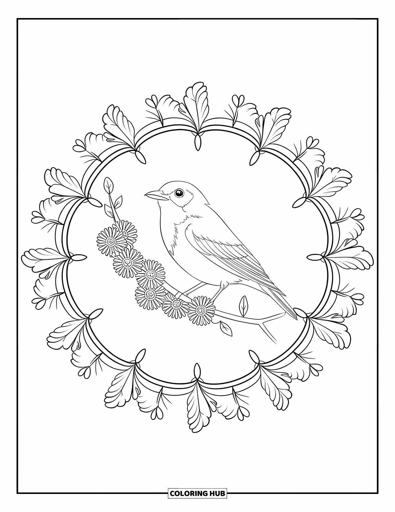 Spring Mandala Coloring Page for Adults: A bird perches on a blooming branch surrounded by feather and floral mandala patterns