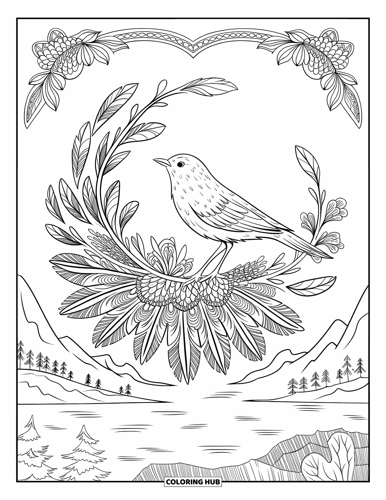 Spring Mandala Coloring Page for Adults: A bird rests on blossoms, surrounded by mountain views and delicate mandala lines