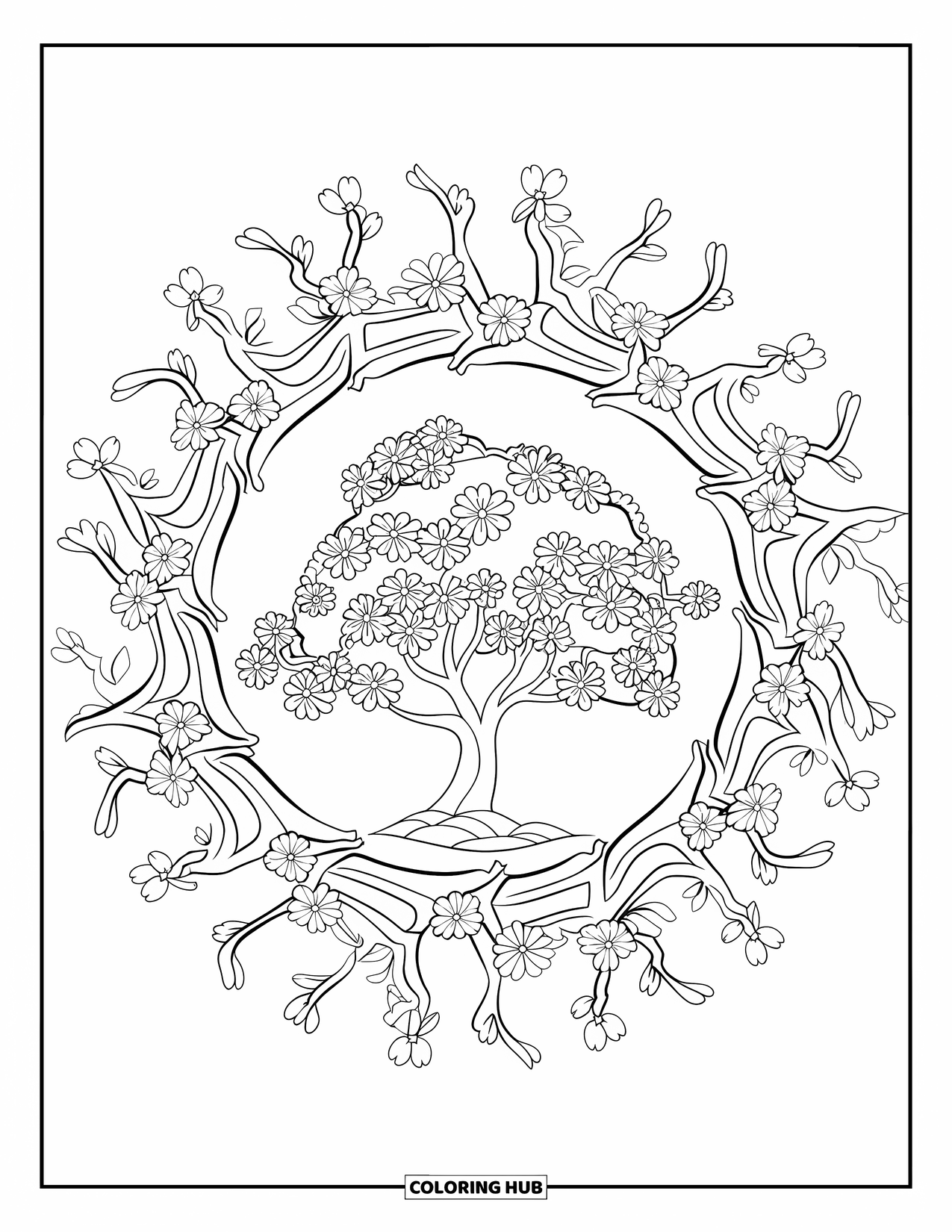 Spring Mandala Coloring Page for Adults: A blooming cherry blossom tree stands in the center of a botanical mandala