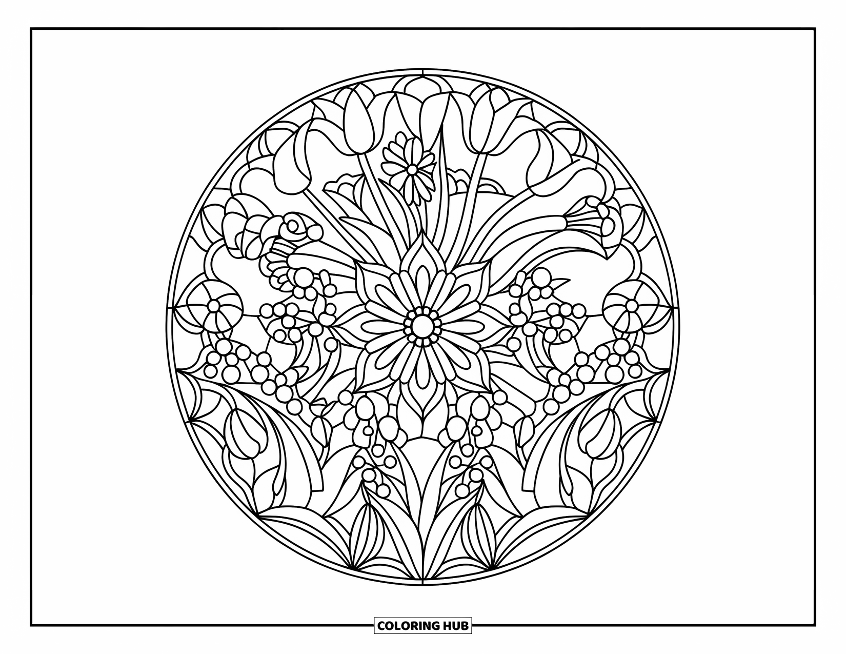 Spring Mandala Coloring Page for Adults: A blooming mandala of spring flowers arranged in layered, stained-glass patterns