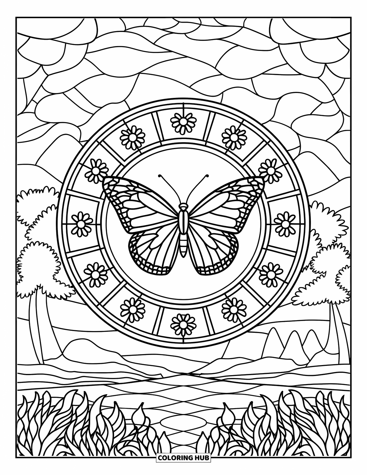 Spring Mandala Coloring Page for Adults: A butterfly rests at the center of a stained-glass floral window with peaceful views