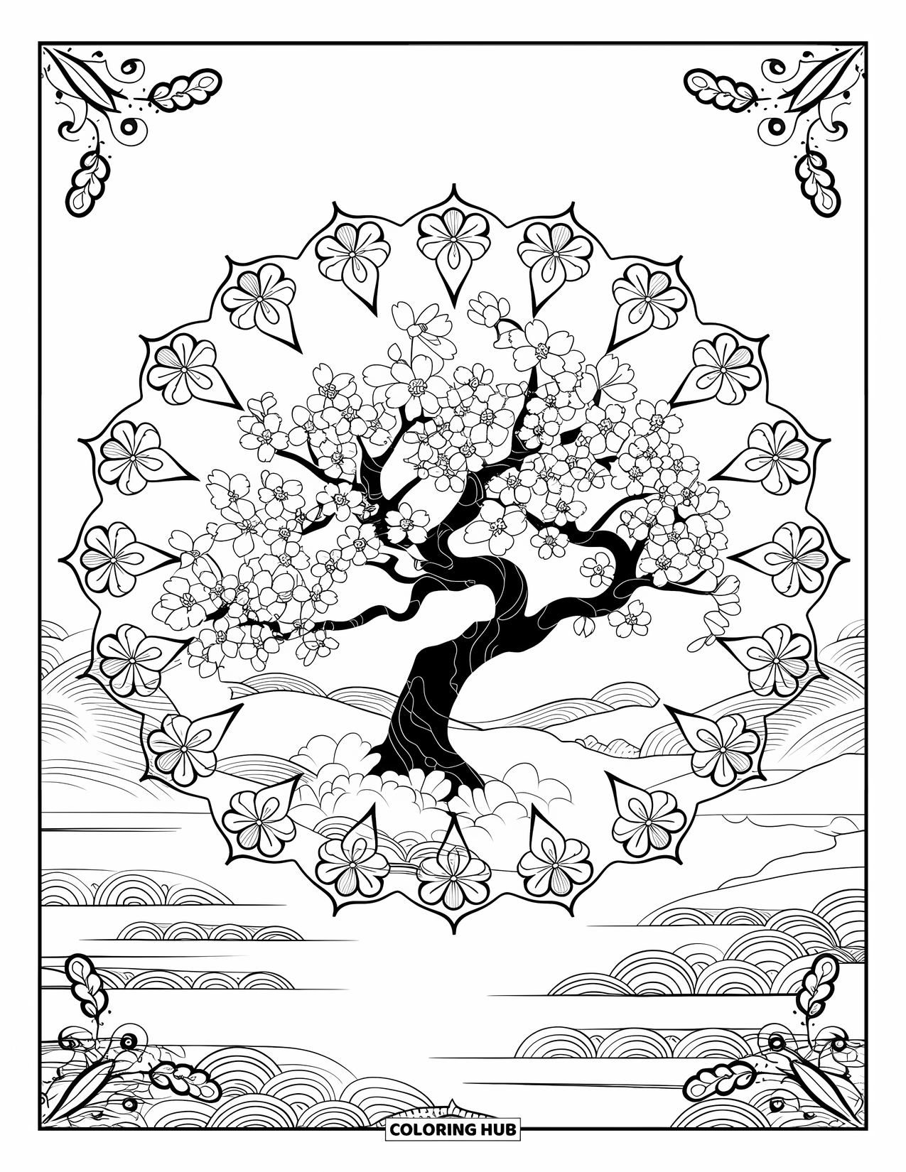 Spring Mandala Coloring Page for Adults: A cherry tree in full bloom anchors a mandala of petals and branches