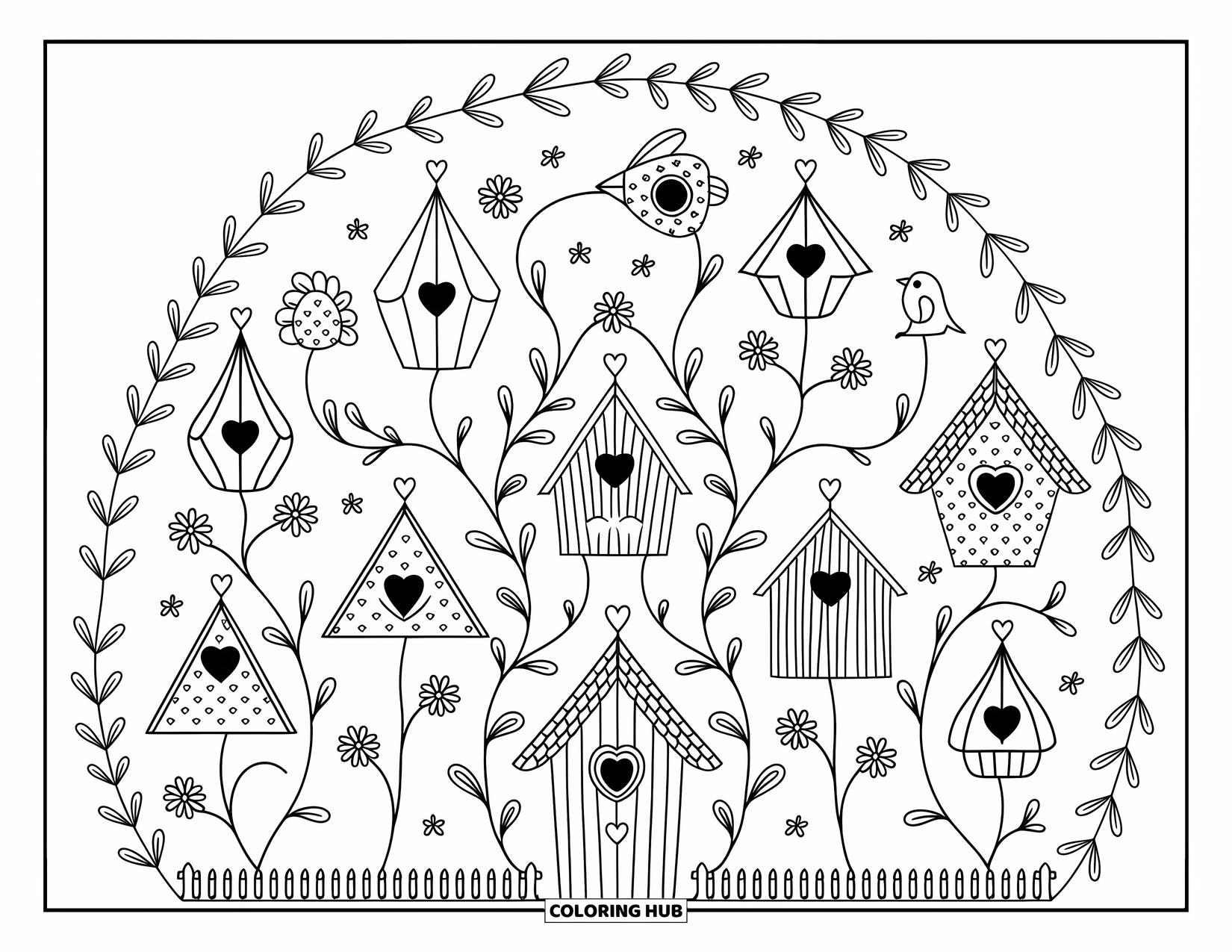 Spring Mandala Coloring Page for Adults: A cozy birdhouse sits at the center of a springy mandala of blooms and vines