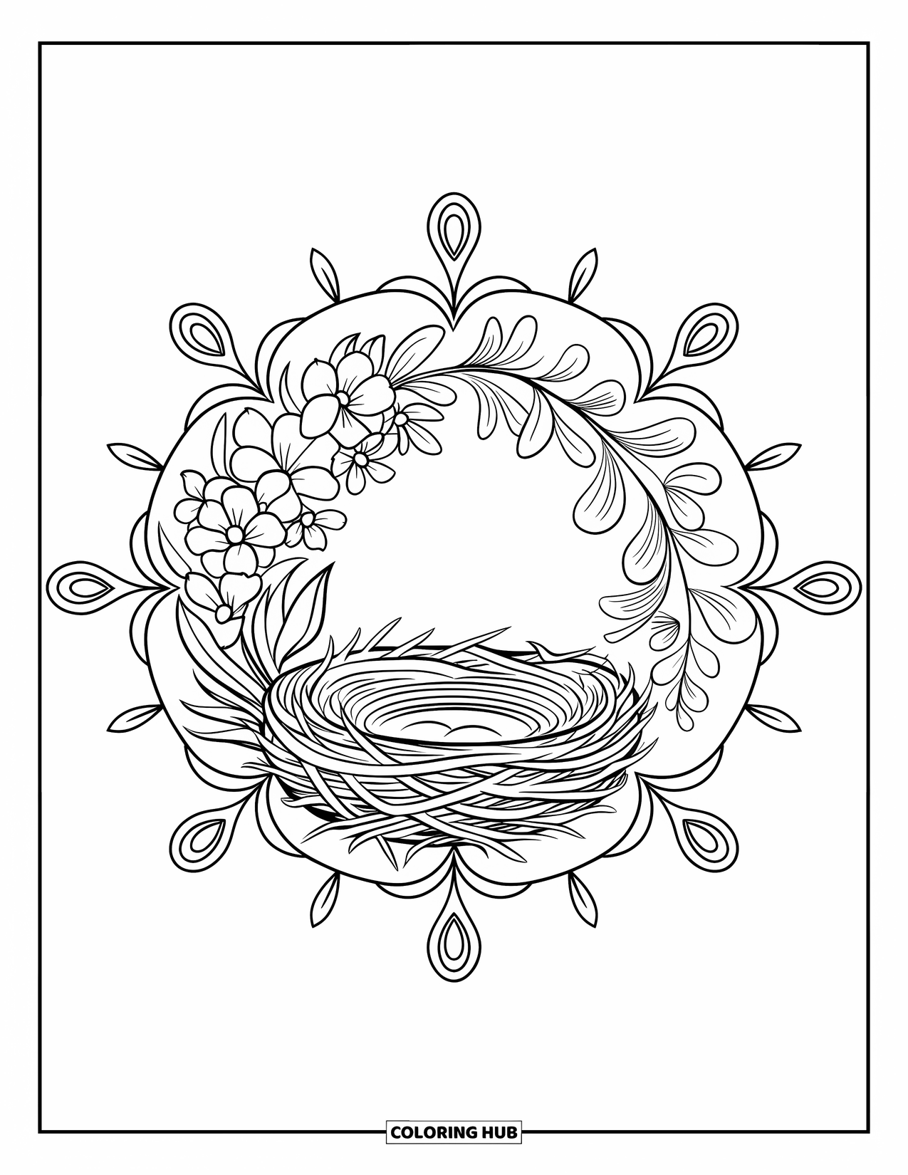 Spring Mandala Coloring Page for Adults: A cozy nest rests inside a wreath of spring blooms and soft mandala curves