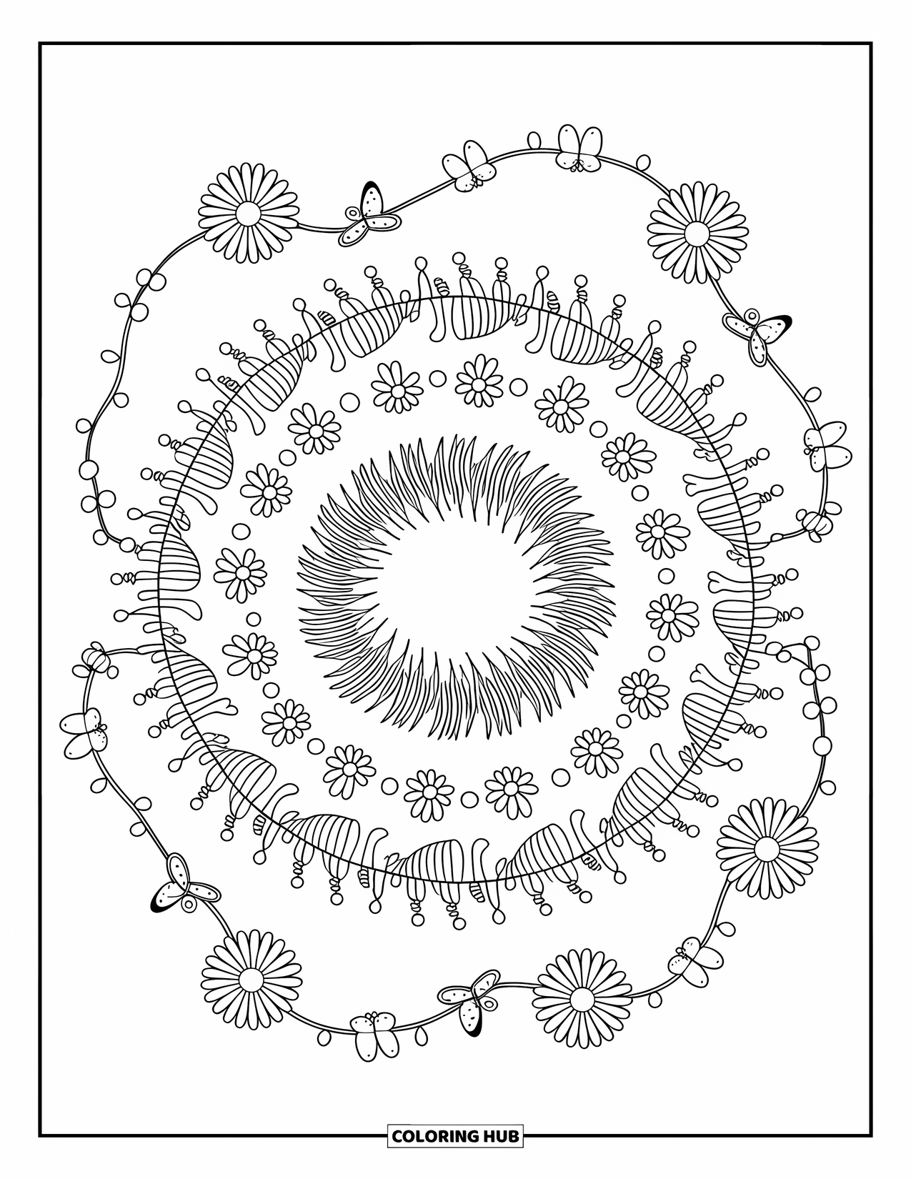 Spring Mandala Coloring Page for Adults: A grassy spring mandala blooms with mushrooms, bugs, and butterflies in orbit