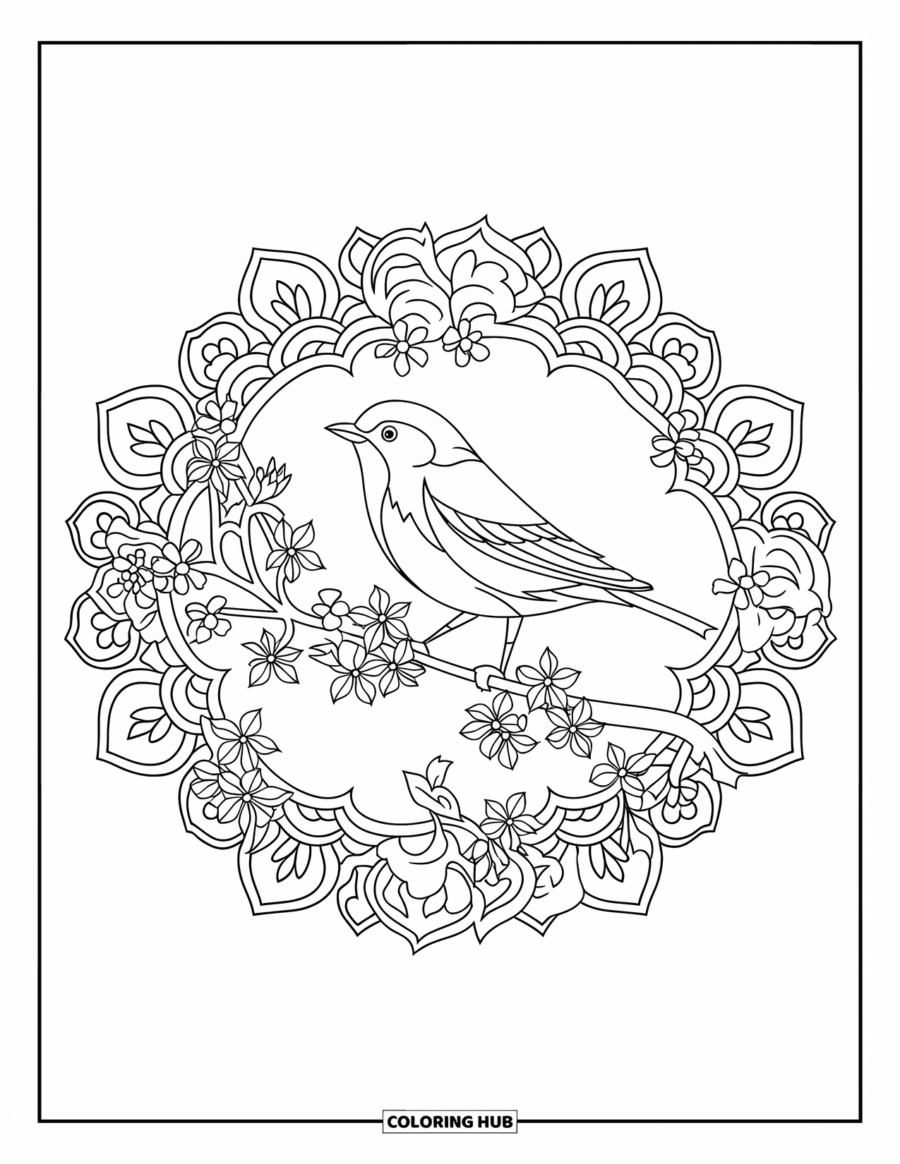 Spring Mandala Coloring Page for Adults: A peaceful bird sits on a flowery branch framed by gentle mandala patterns