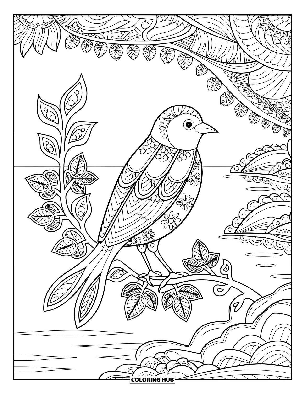 Spring Mandala Coloring Page for Adults: A perched bird and blooming branch form the heart of a floral mandala scene