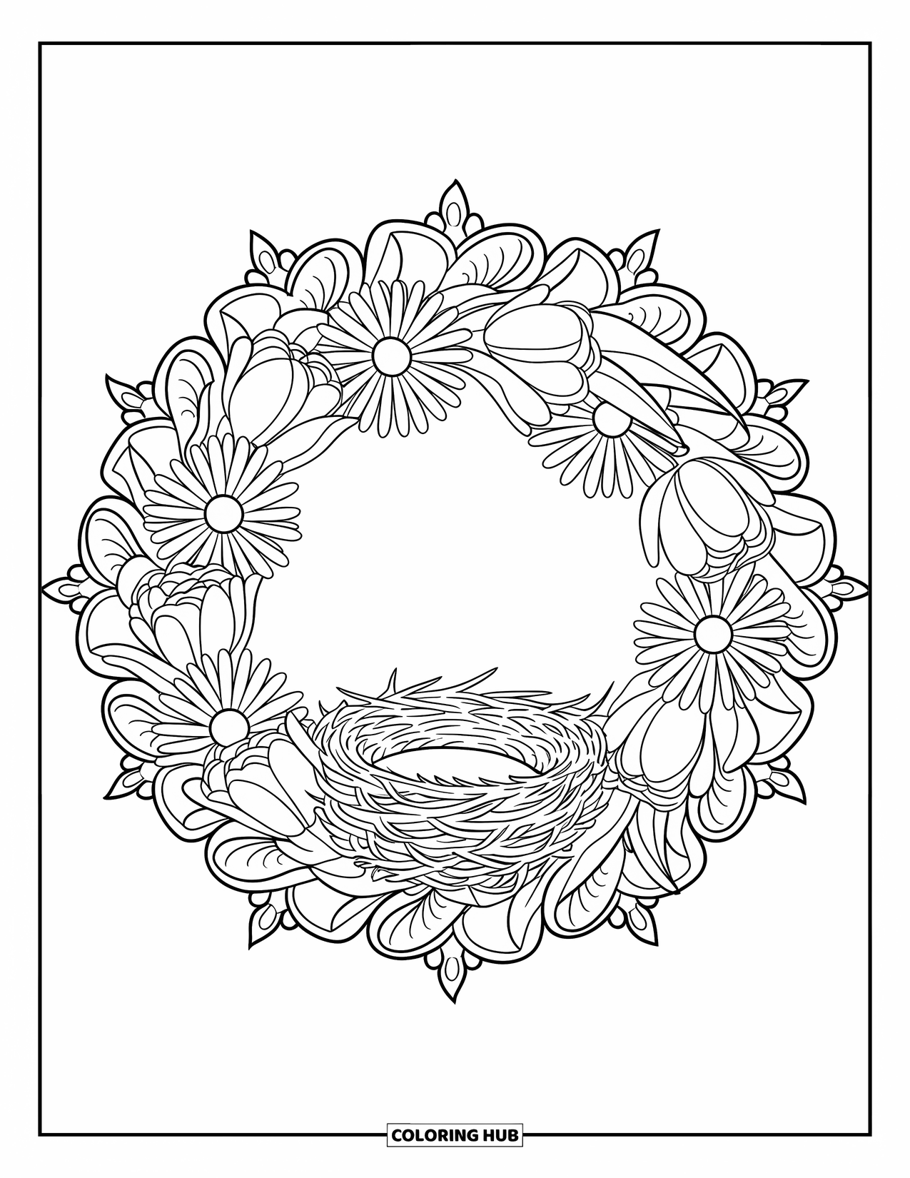 Spring Mandala Coloring Page for Adults: A spring nest is wrapped in flowers and framed by mandala flourishes