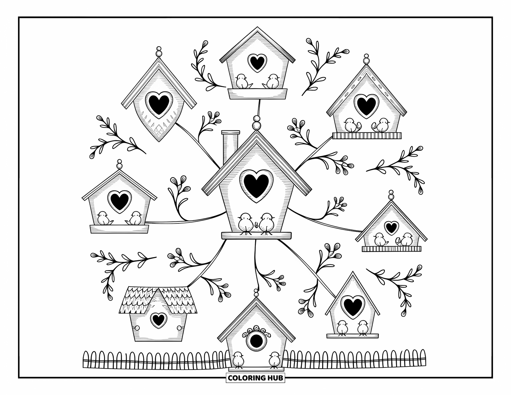 Spring Mandala Coloring Page for Adults: Birdhouses and spring flowers spiral around a central birdhouse in a playful mandala