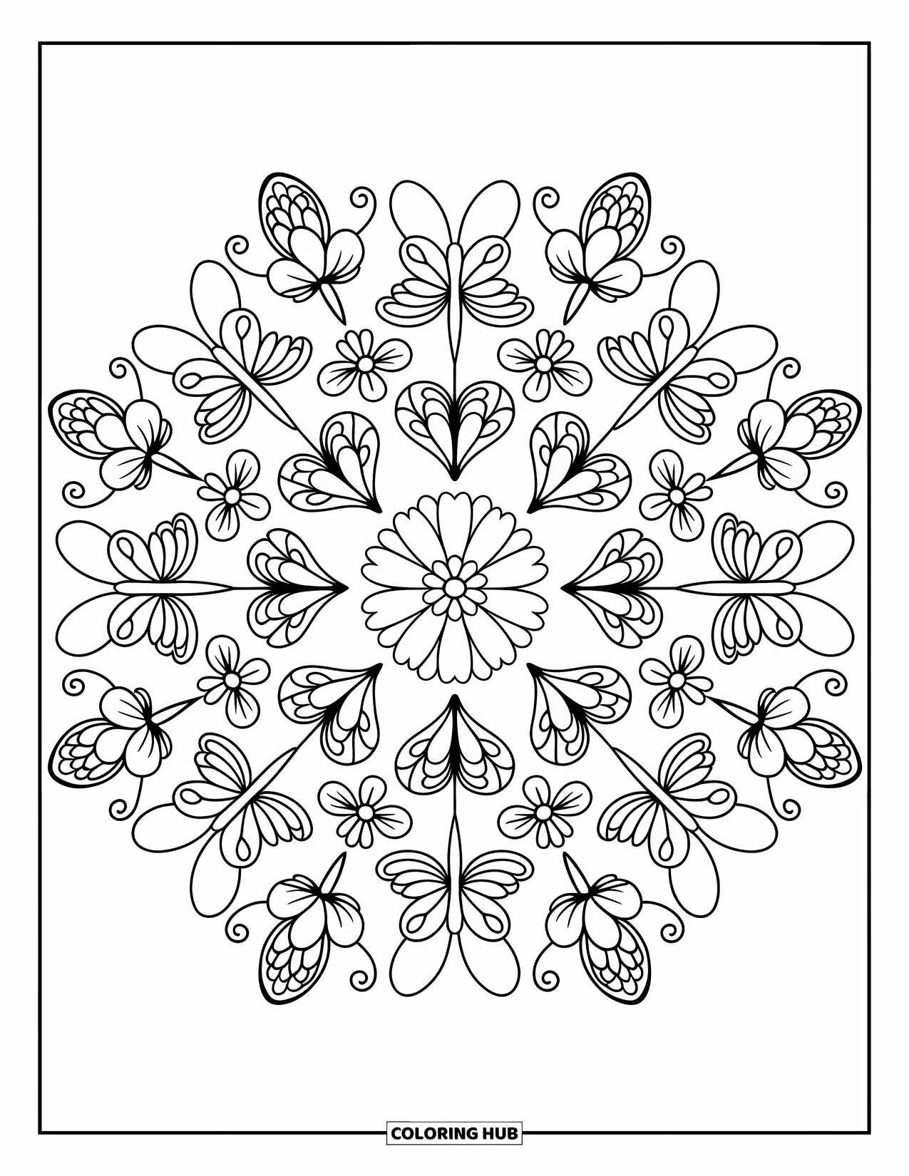Spring Mandala Coloring Page for Adults: Cherry blossoms and butterflies flutter through a blooming floral mandala