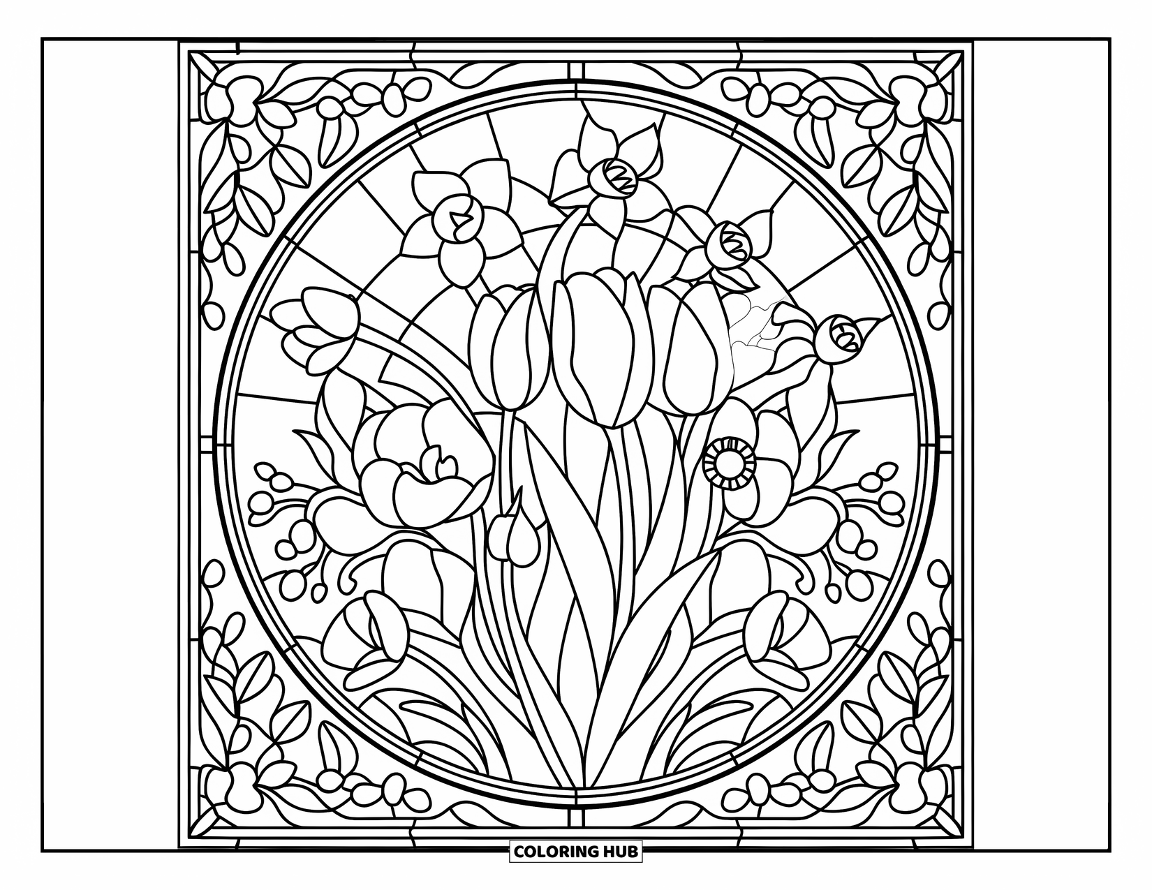 Spring Mandala Coloring Page for Adults: Cherry blossoms, tulips, and daffodils swirl in a floral mandala with leafy borders