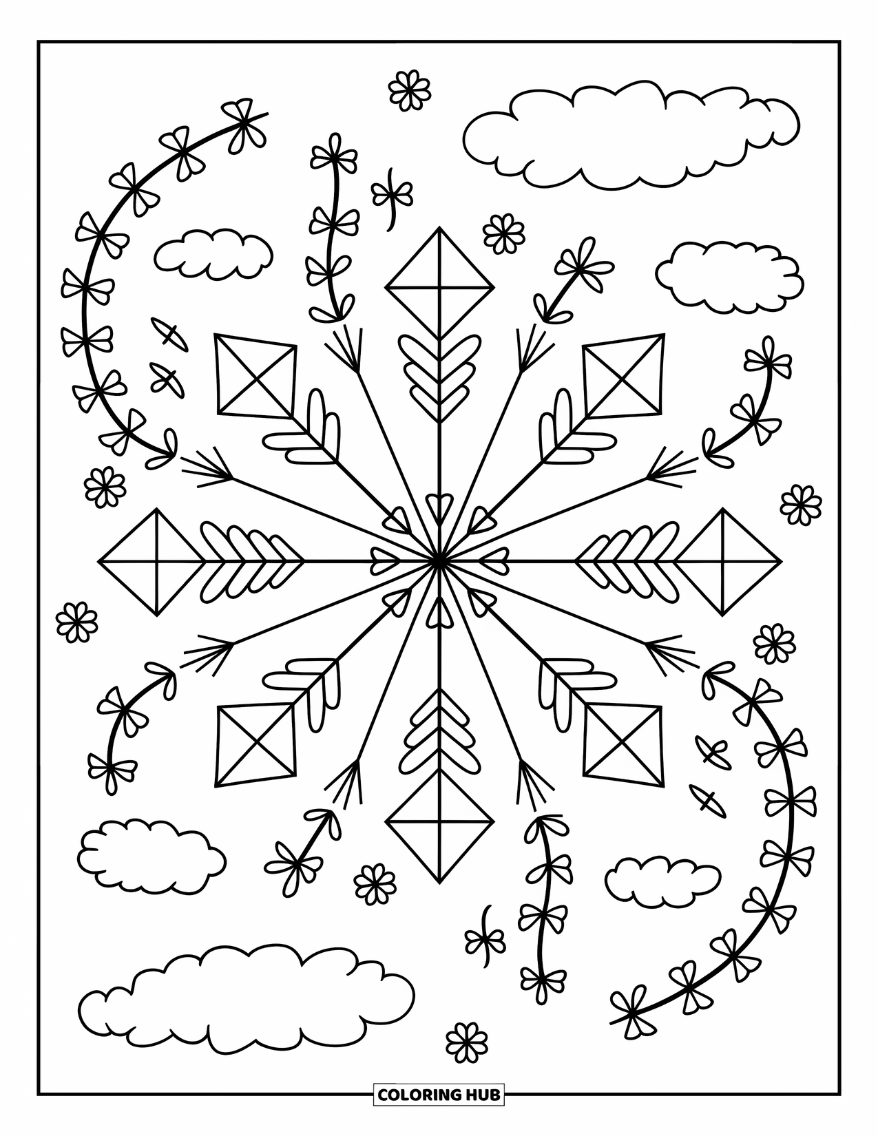 Spring Mandala Coloring Page for Adults: Kites swirl from the center in a mandala filled with bows, clouds, and streamers