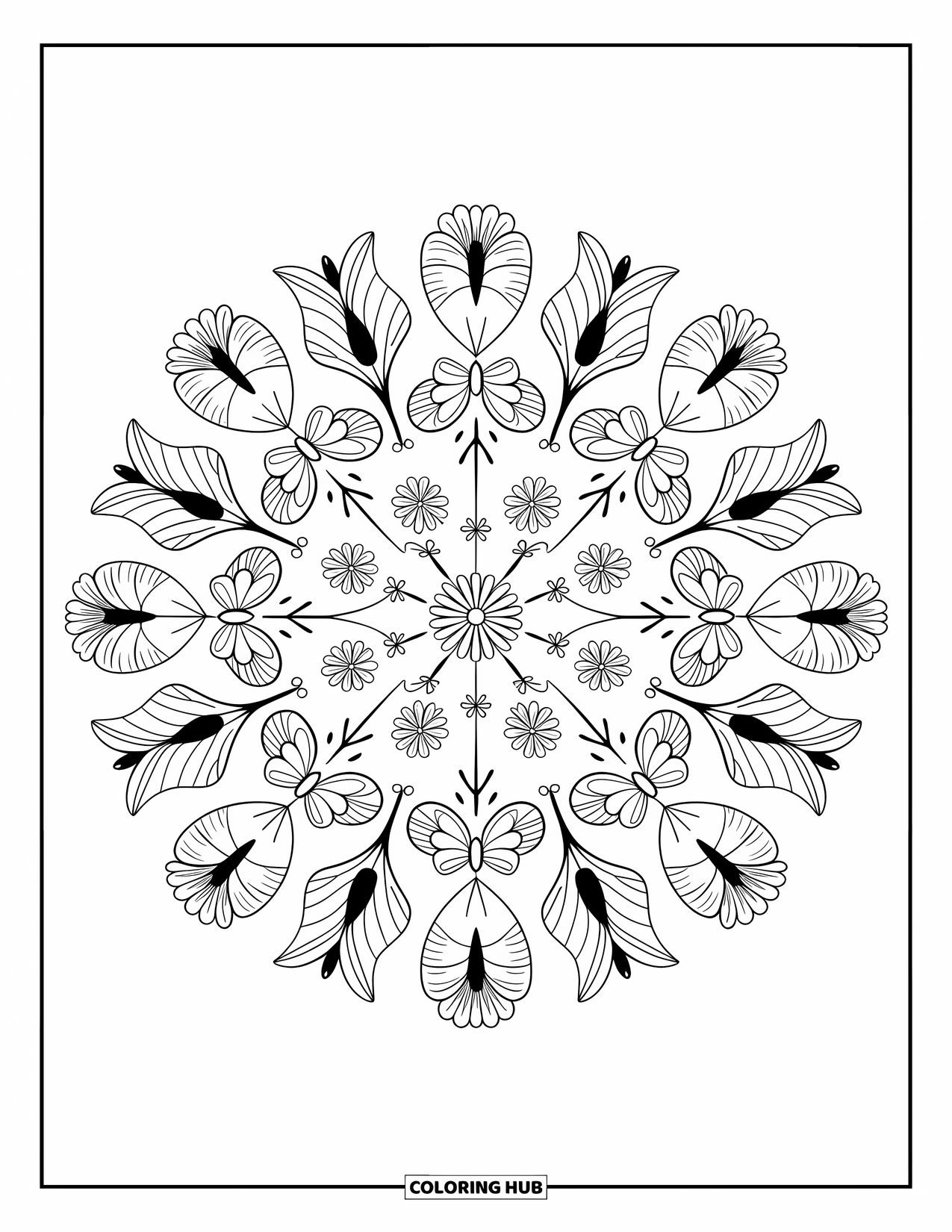 Spring Mandala Coloring Page for Adults: Petals, wings, and vines twirl together in a cheerful spring mandala