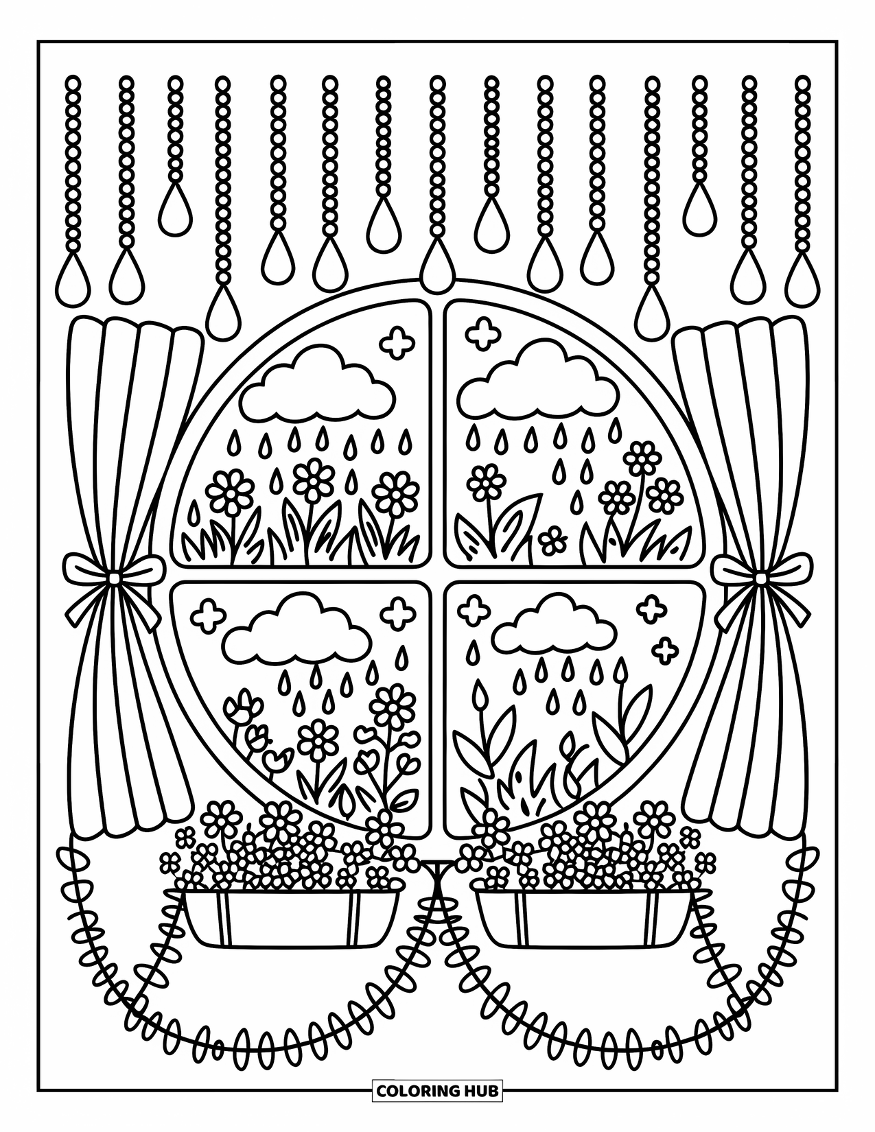 Spring Mandala Coloring Page for Adults: Raindrops and blossoms peek through a round window in a cozy spring rain mandala
