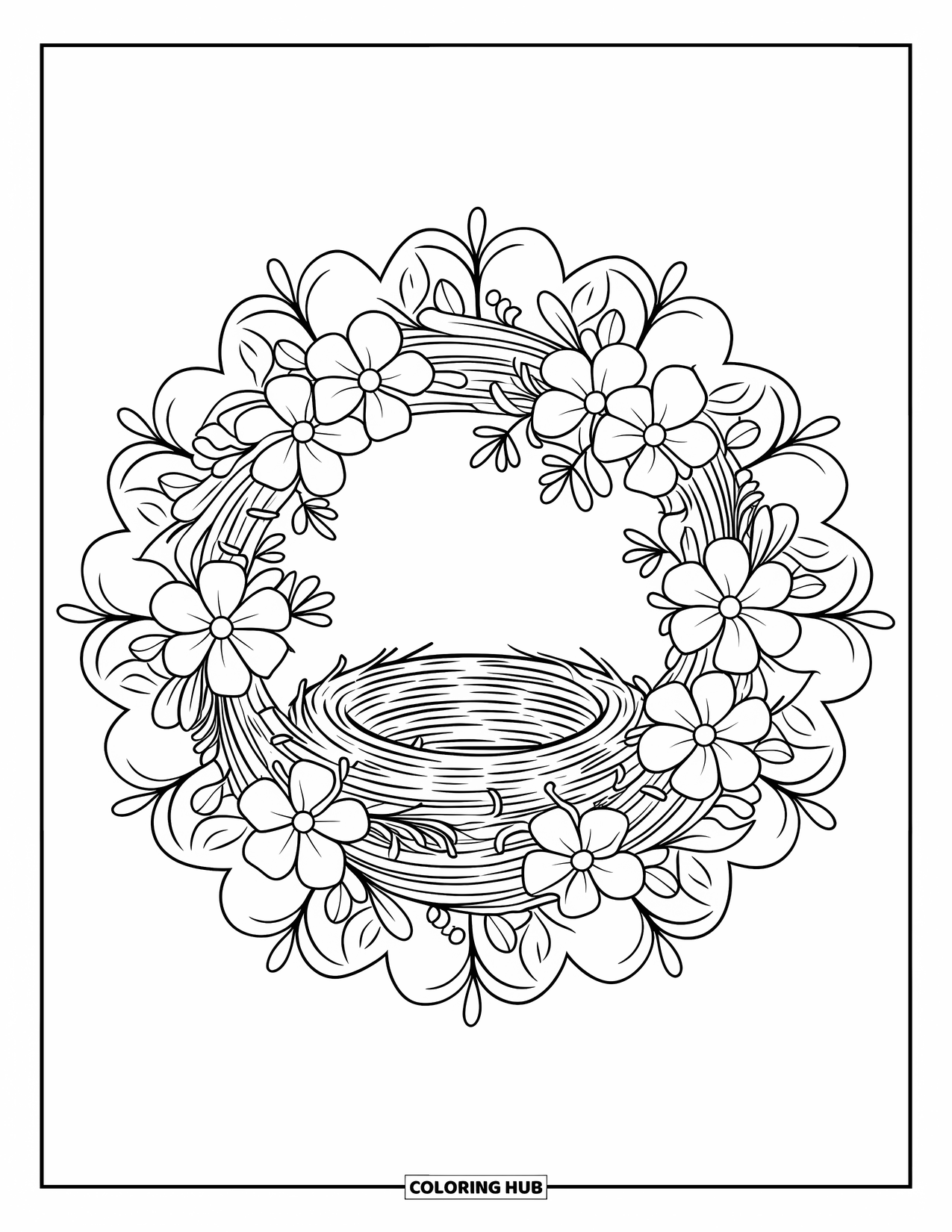 Spring Mandala Coloring Page for Adults: Spring flowers form a wreath around a bird's nest framed by delicate mandala patterns