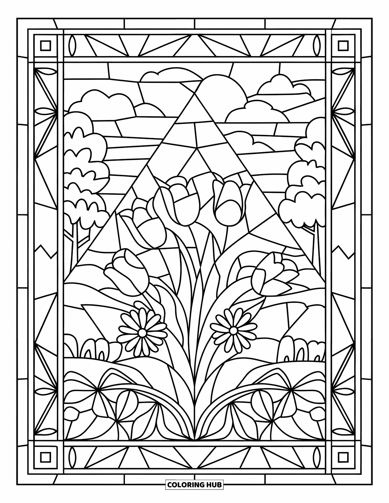 Spring Mandala Coloring Page for Adults: Tulips and daisies glow inside a stained-glass design with hills and trees beyond
